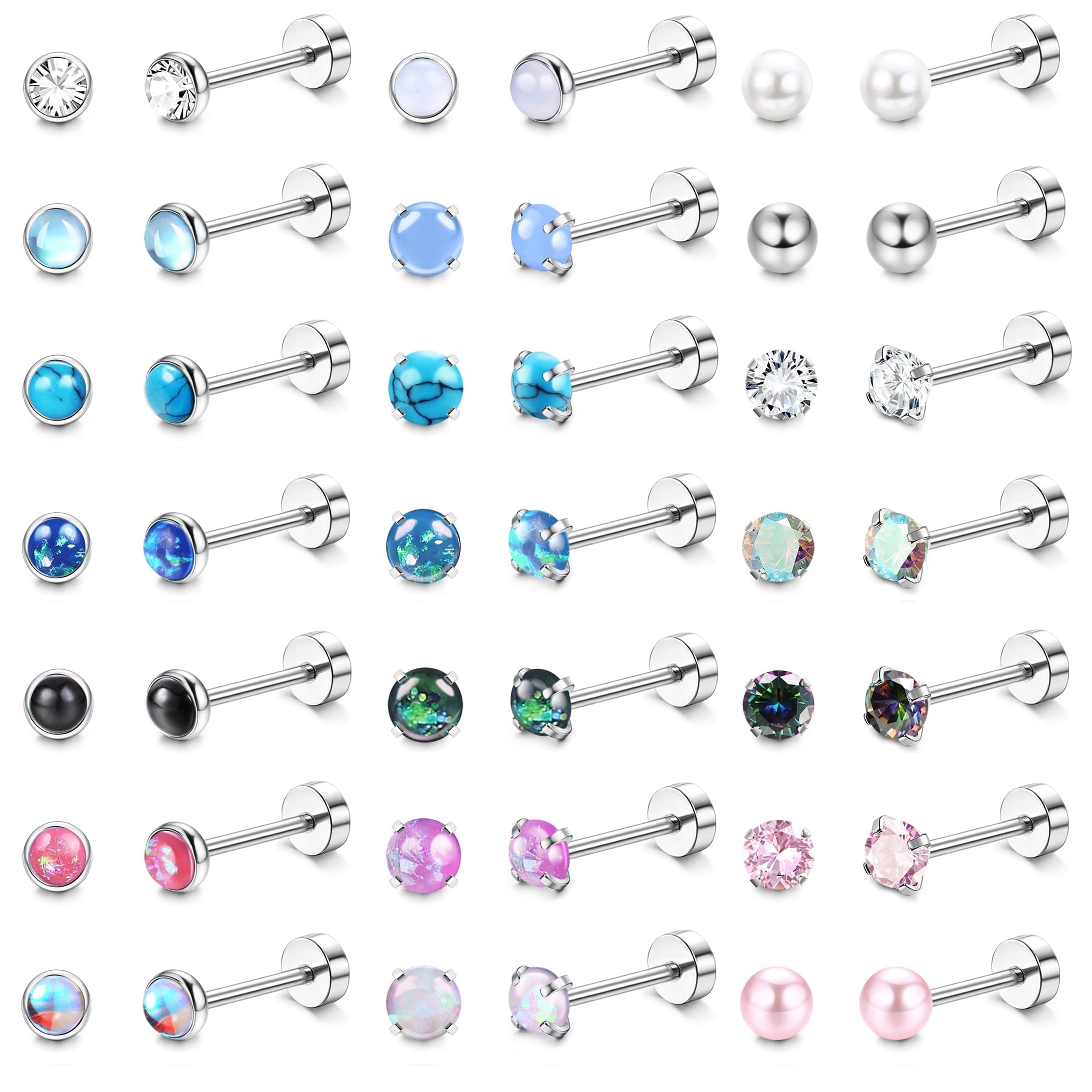 KALVICA 21Pares Hipoalergenicos Pendientes Mujer Plata Hombre Acero Quirurgico Pendientes Pequeños CZ Opalo Piedra Lunar Turquesa Piercing Oreja Cartilago Helix 20G