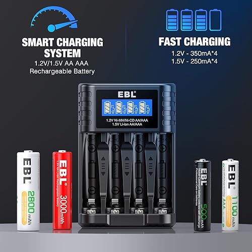 Miniatura 6 de EBL Paquete de 8 baterías AA recargables de iones de litio de 1.5 V y cargador de batería universal con ranura independiente para 1.5 V 1.2 V