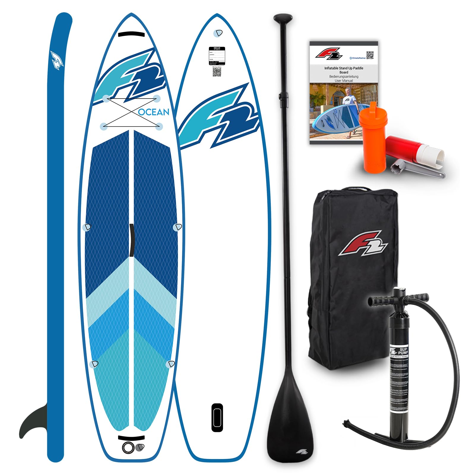 F2 Marken Stand Up Paddle Board Ocean SUP Zubehörpaket wählbar, SUP Board aufblasbar, Inflatable Paddel Board, Kajakpaddel, Kajak Sitz, Paddling Board mit Zubehör, Paddelbrett
