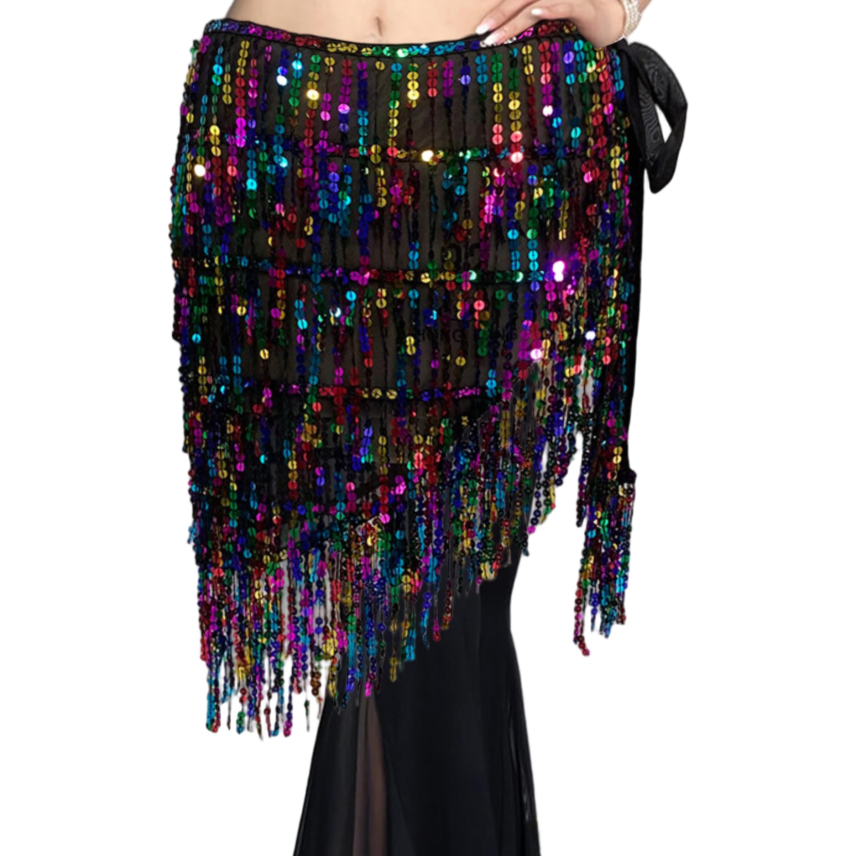 Écharpe à la Hanche de la Danse du Ventre Quatre Couches Bling Paillettes de la Jupe Danse Ventre