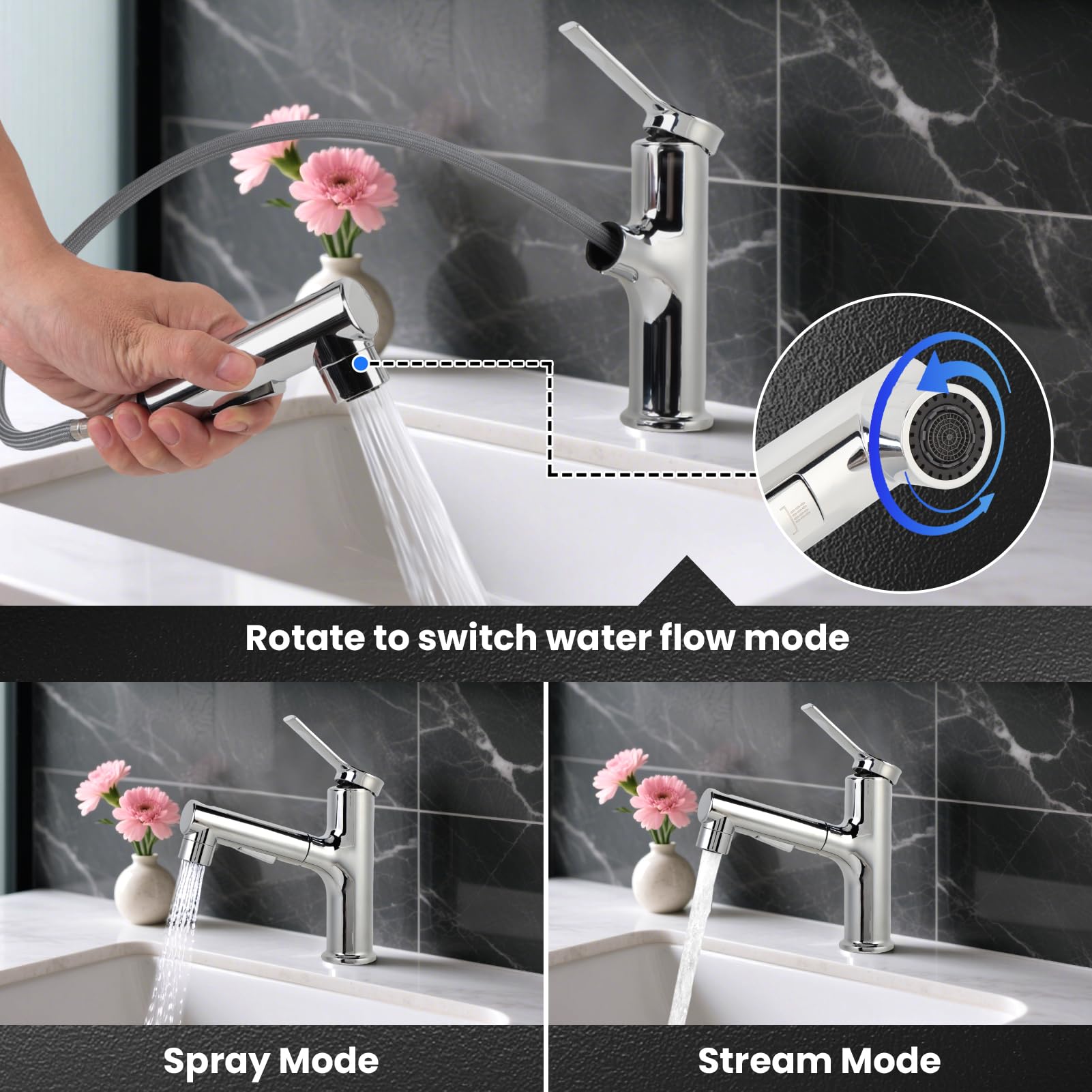 Pull Out Kitchen Sink Mixer Tap with Sprayer, 30-60cm Flexible Hose - Image 4
