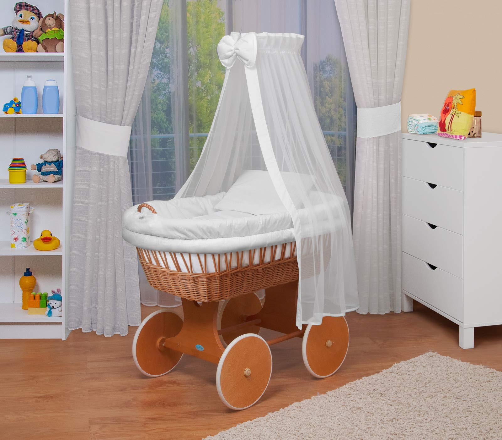 WALDIN Culla con cappotta, Culla con ruote XXL, telaio/ruote laccato,colore tessile bianco