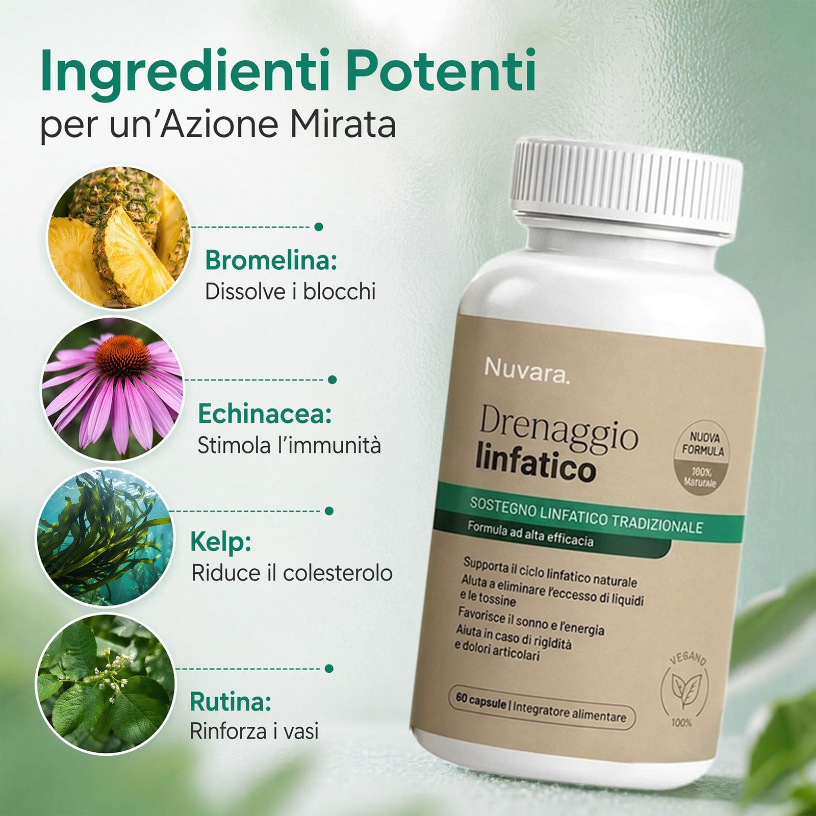 Nuvara Drenaggio Linfatico Capsule, Formula Erboristica Naturale, 60 Capsule, Senza Glutine, per Donne e Uomini (2)