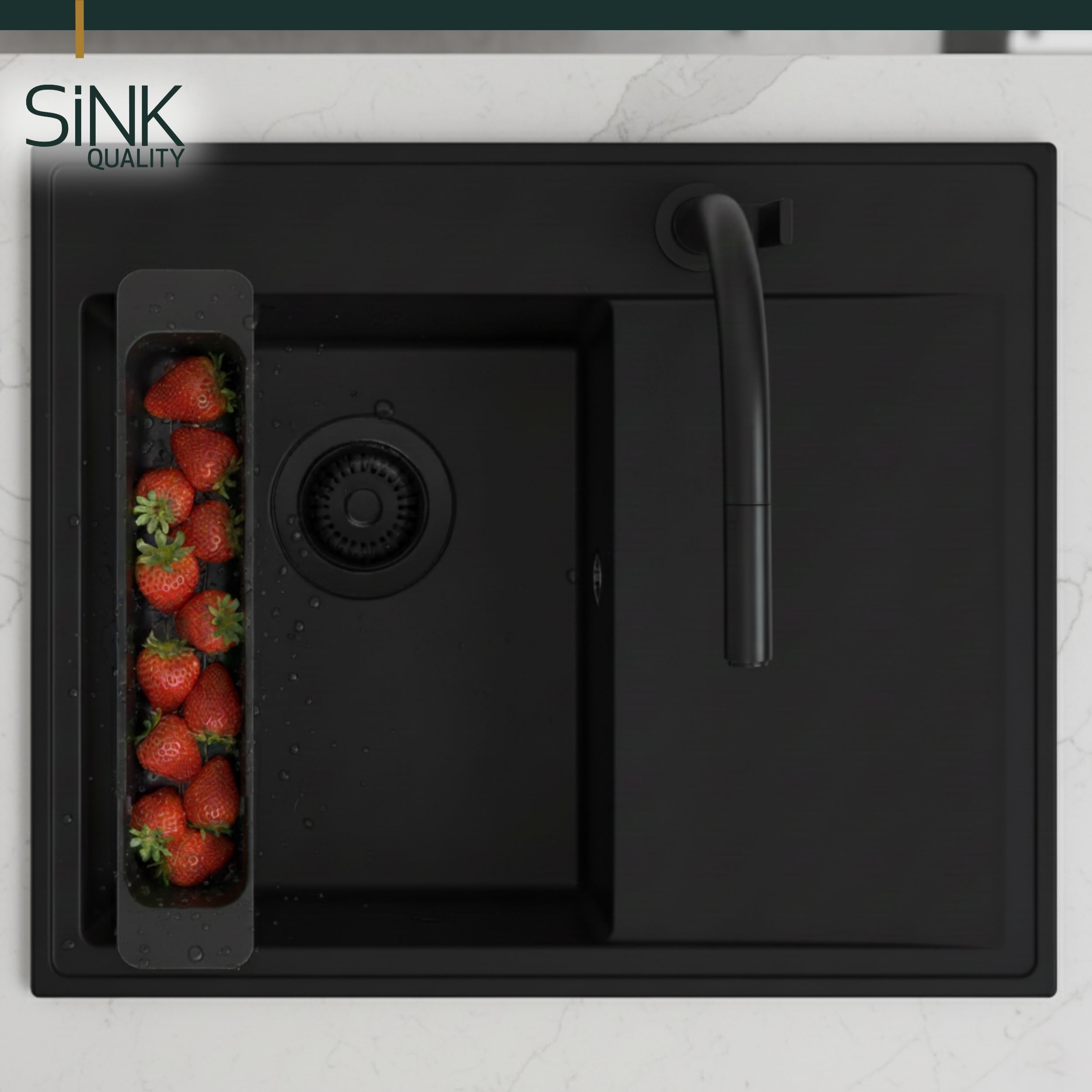 Colino per lavello frutta e verdura – Colino regolabile e vassoio scolapasta 39 – 55 cm – Lavabile in lavastoviglie e senza BPA – Stabile colino da cucina nero – Sink Strainer – Sink Quality