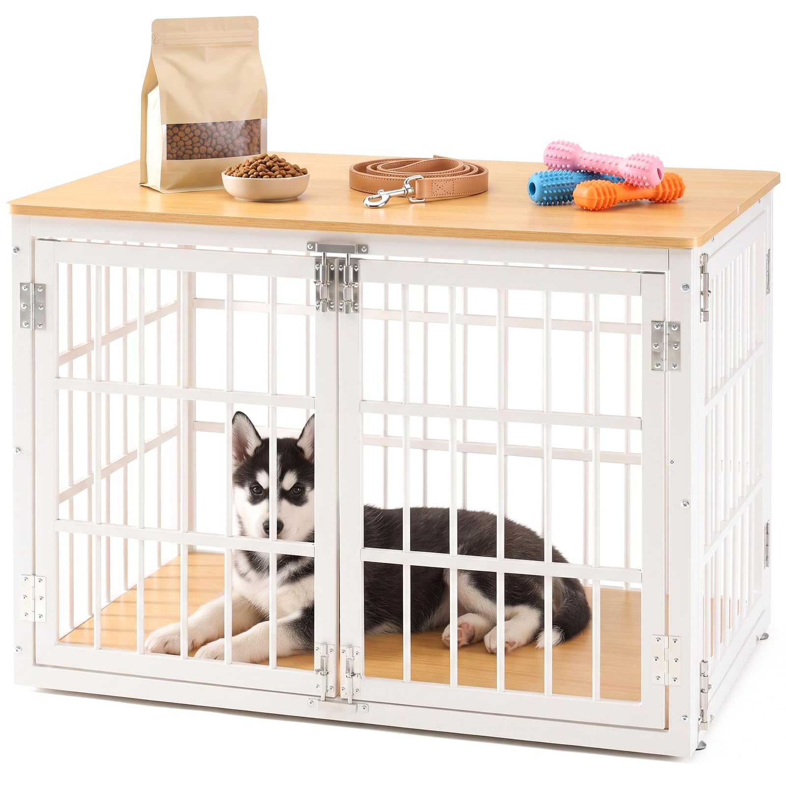 NEWBULIG 38 Inch Dog Crate Furniture for Small Dogs, Space Saving Pet House End Table with Double Lock Door, Heavy Duty Indoor Kennel for Living Room, White &amp; Wood