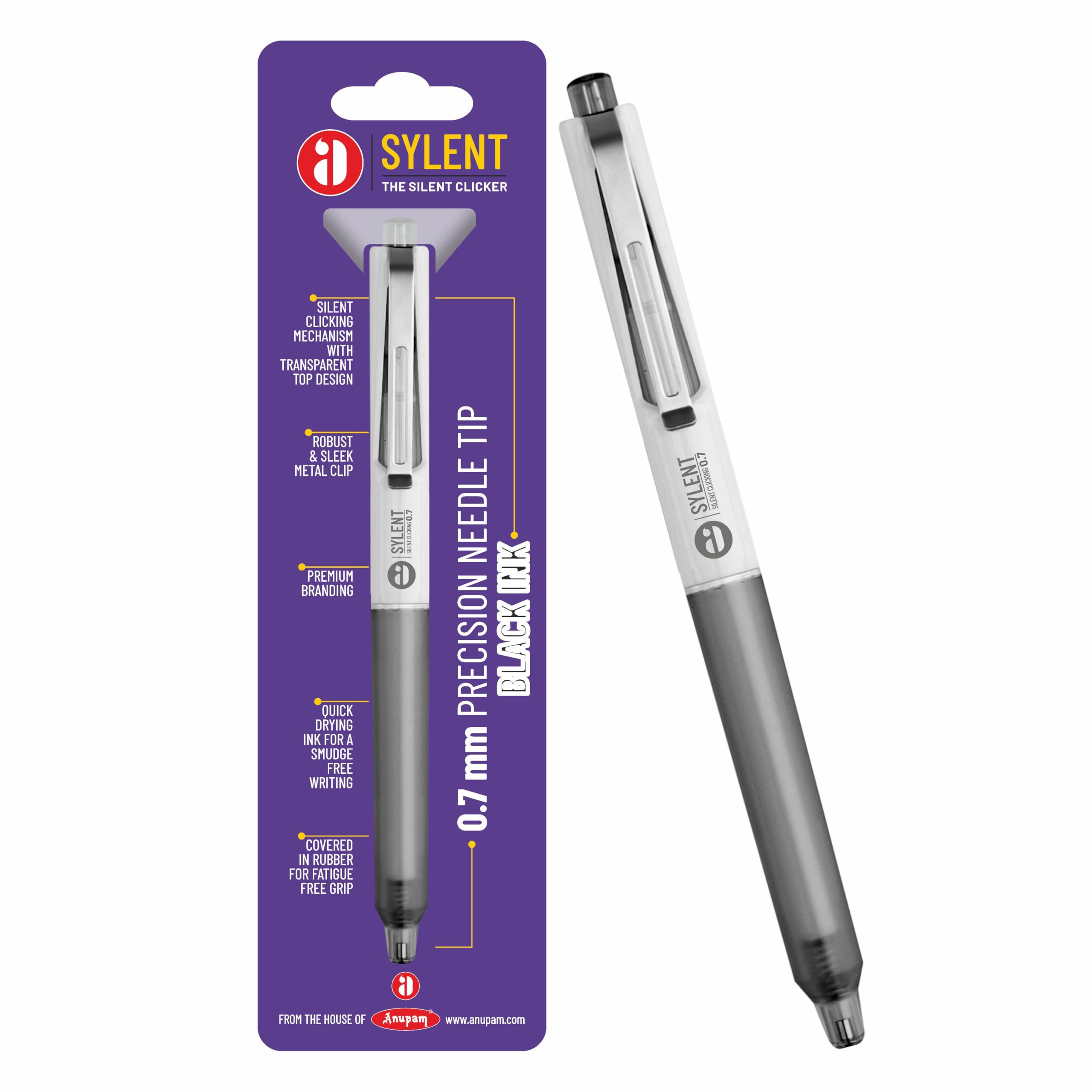 Anupam Sylent Roller - Bolígrafo de gel de 0,7 mm, impermeable, suave, de secado rápido, tinta oscura, agarre cómodo, bolígrafo de examen y oficina, tinta negra, recargable (negro, paquete de 4)