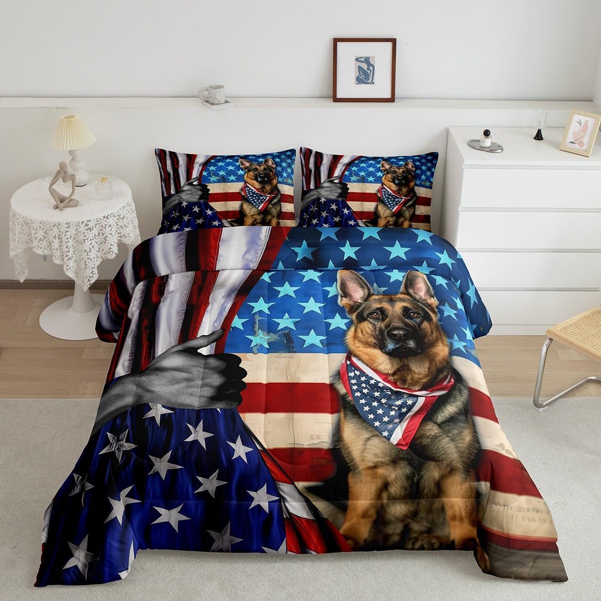 American Flag Comforter Set Full Size,German Shepherd Animal Bedding Comforters for Girls Teens Present,Stars Stripes USA Flag Breathable Microfiber Quilt Set with 2 Pillowcases