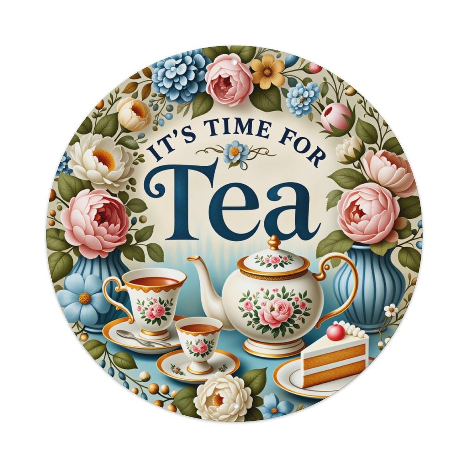 Floral Tea Set Cake Vase Metal Tin Sign Vintage Garden Bedroom Cafe Bar Man Cave Home Wall Decor Metal Poster 8x8 inches