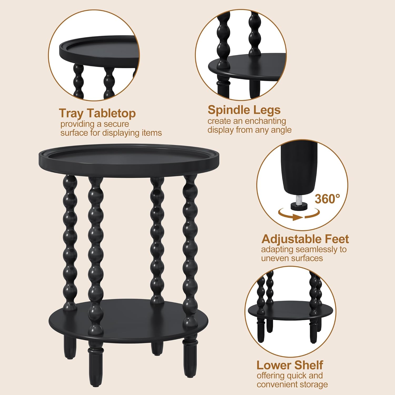 Round Side Table with Storage Shelf, 2 Tier Accent End Table with Spindle Legs, Modern Nightstand Beside Table for Living Room, Bedroom, Office, Black