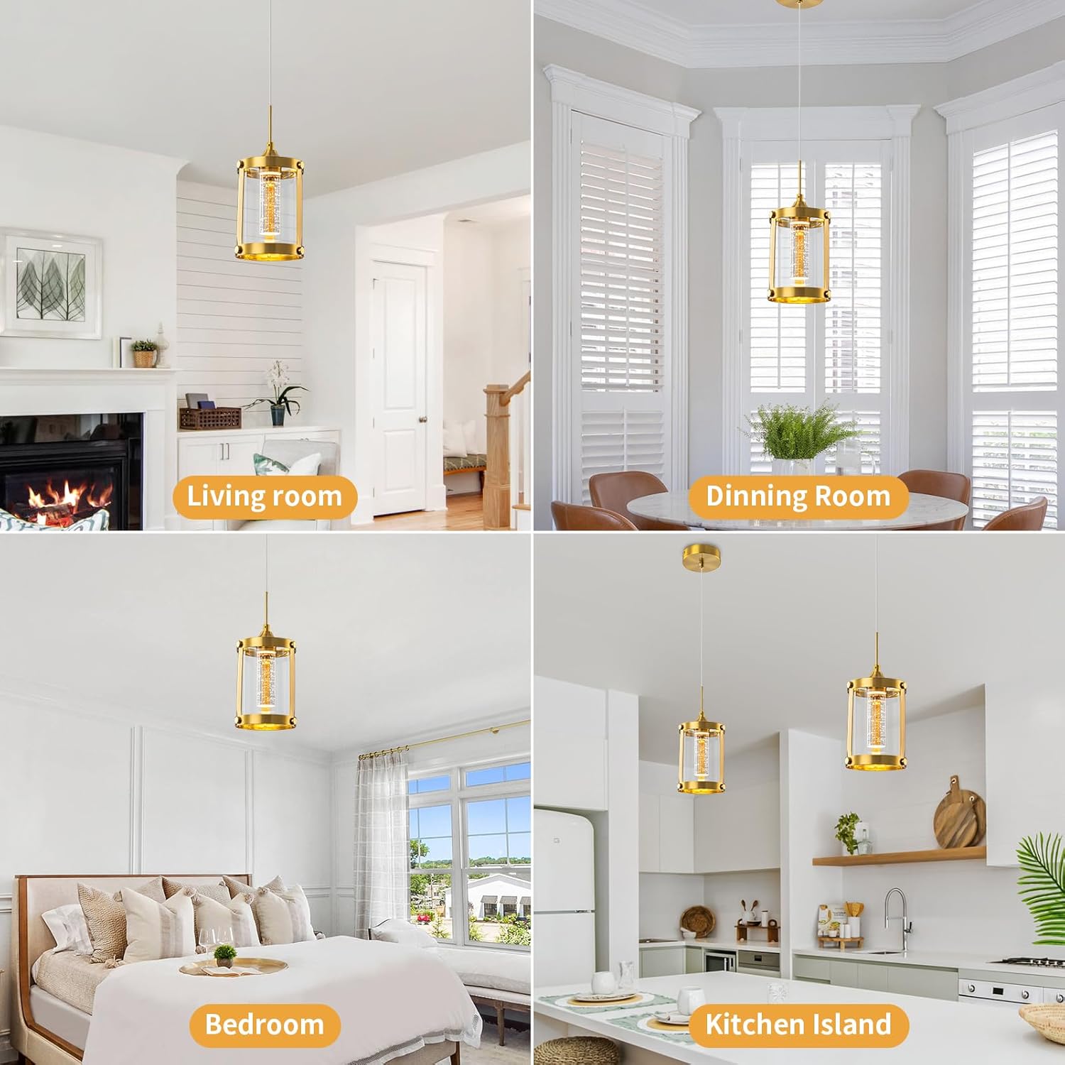 Brass Gold 1-Light LED Pendant, Integrated Modern Farmhouse Hanging Light with Crystal Clear Glass for Kitchen Island Over Sink, Adjustable Cord, Complete Fixture (Brass Gold, 1-Pack)