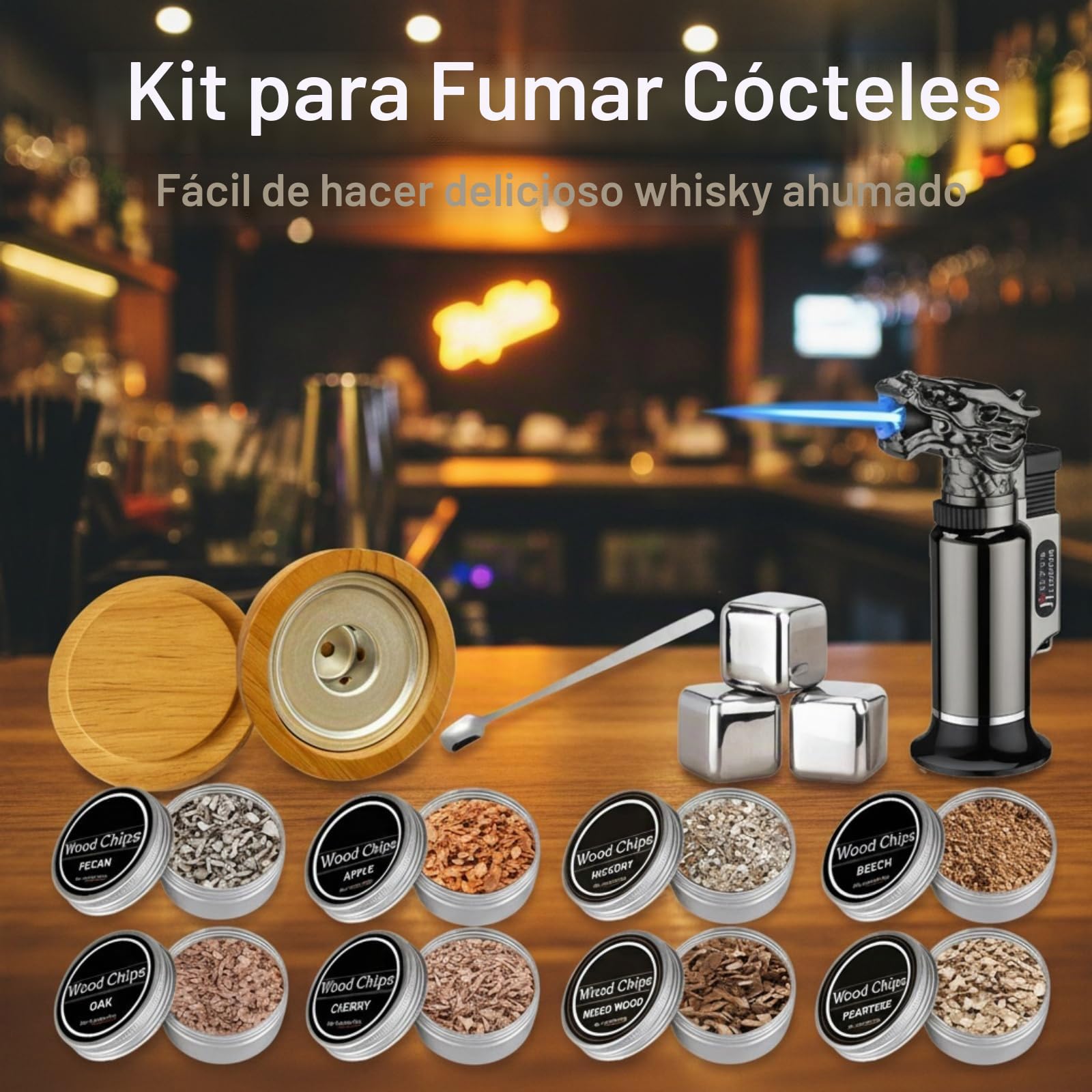 Kit Ahumador para Whisky - Set con 8 Aromas de Madera y Piedras para Whisky - Accesorios Bar para Cócteles y Regalo Hombre Padre y Novio