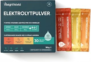 Electrolyte powder - Vitamin B complex, magnesium, vitamin C, sodium and potassium - 30 bags of 6 g - Sugar free - 3 flavours - 9 vitamins, electrolytes and minerals - WeightWorld | 6 vitaminer & 3 mineraler: vitamin C, B1, B3, B5, B9, B12, magnesium, kalium & natrium. Finns i 3 smaker & 30 portionspåsar.