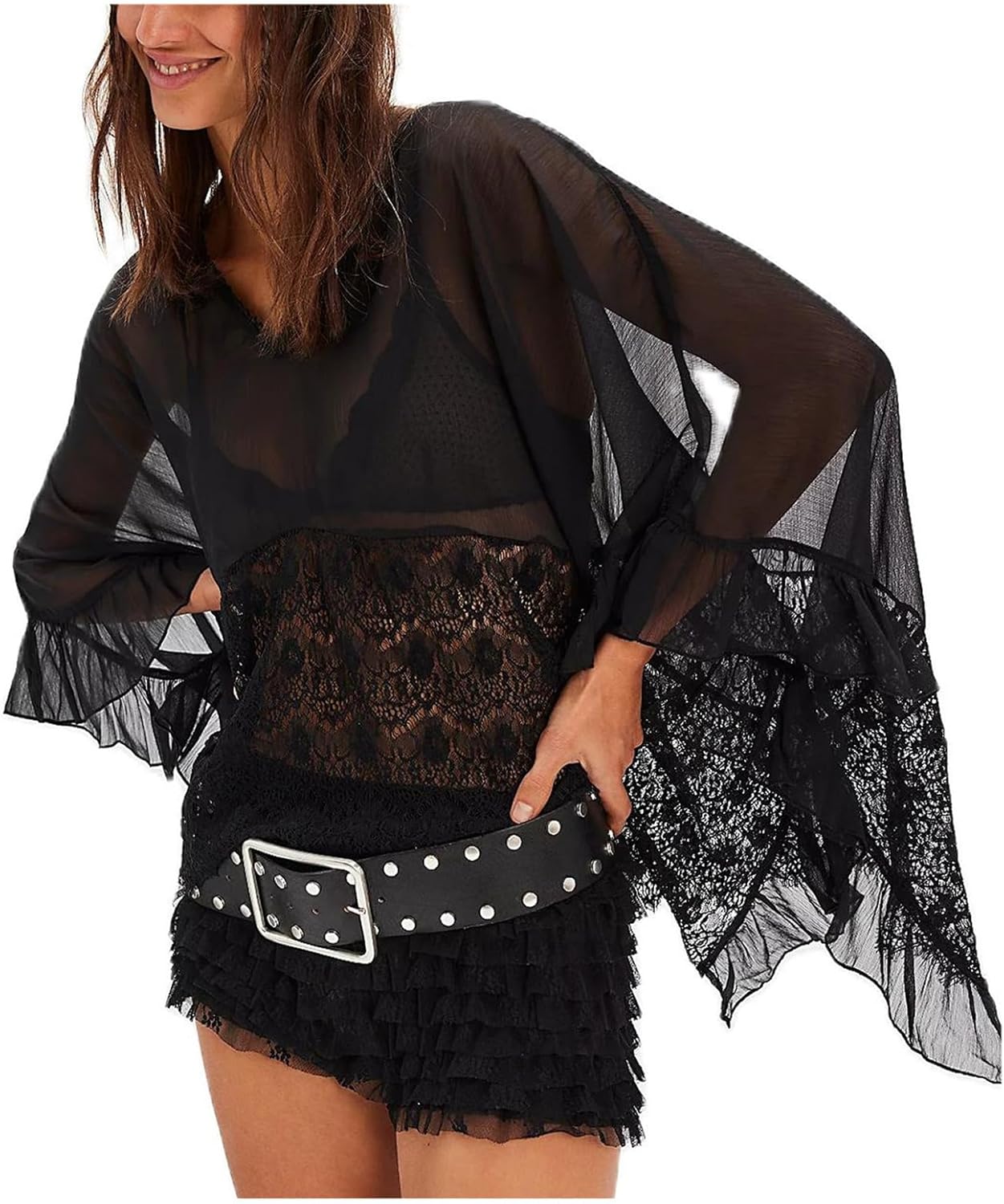 Women Sheer Mesh Floral Lace Shirt Boho Loose Fit Batwing Sleeve Blouse Fairy Flowy Ruffled Poncho Top Streetwear