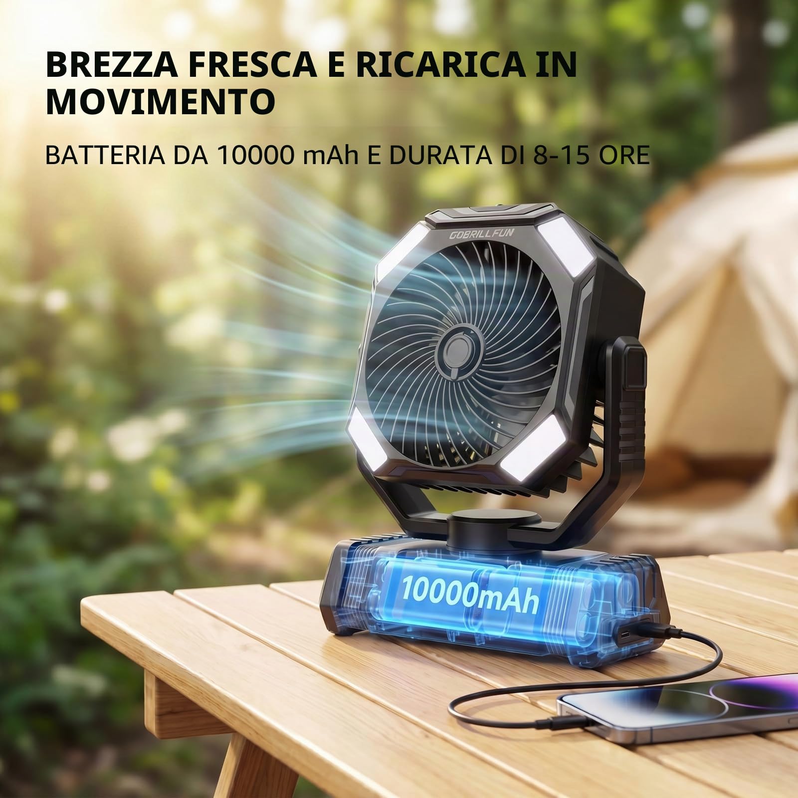 Ventilatore a Batteria con Nebulizzazione, Ventilatore Portatile Ricaricabile 10000mAh, Ventilatore Oscillante con Serbatoio 300mL, Telecomando, Luce LED, Timer per Campeggio Terrazza Spiaggia Ufficio
