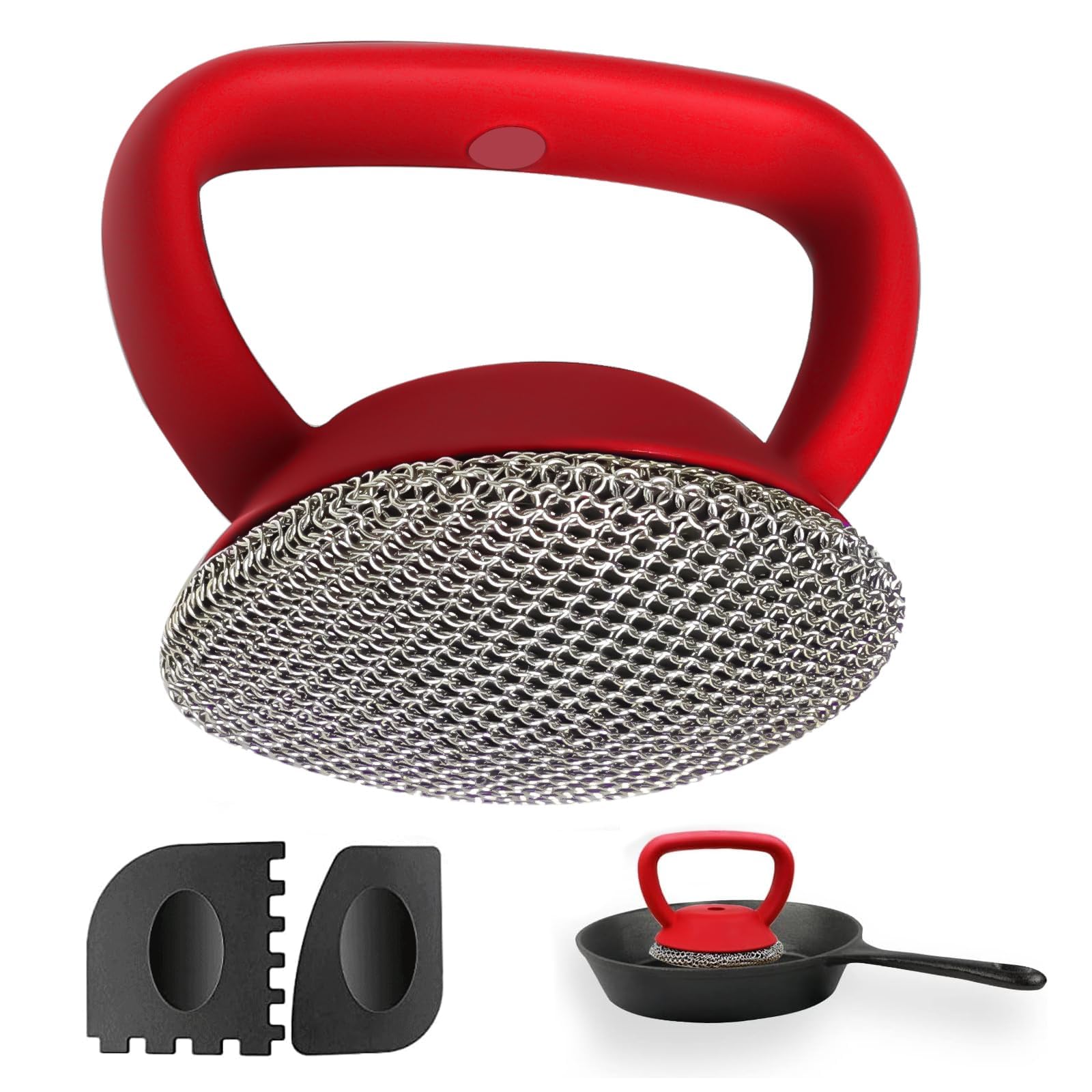 MEIXINZHI Cast Iron Cleaner, Chain Mail Scrubber & Pan Grill Scrapers - 2 in 1 Cast Iron Skillet Cleaner (red, Without mat)