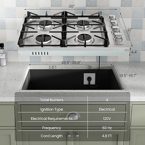 Miniatura 5 de COSTWAY Placa de cocina de gas de 36 pulgadas, estufa de gas de acero inoxidable con 6 quemadores, perillas de ABS y rejillas de hierro fundido,