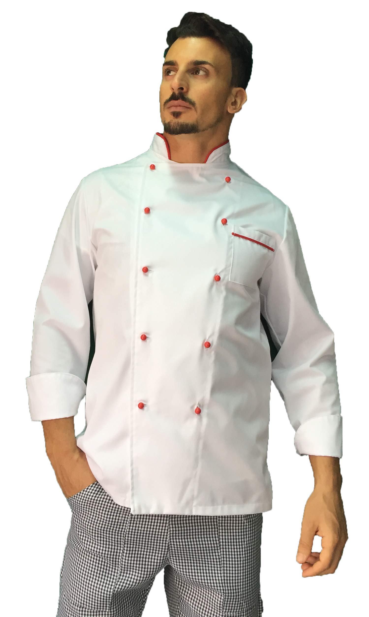 tessile astorino Ricamo Gratuito - Conjunto de cocina - Divisa Chef blanca y roja - Chaqueta, pantalón y delantal - Made in Italy, Color blanco., L