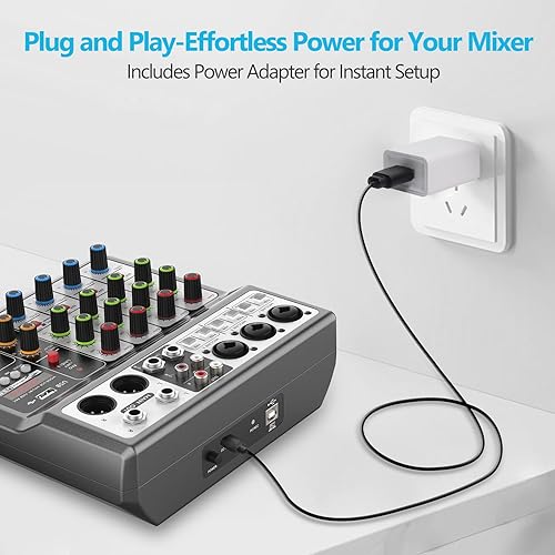 Miniatura 6 de Aveek Mezclador de audio de 5 canales, consola de mezcla de tablero de sonido con efecto de retardo de reverberación Bluetooth USB, entrada de 48 V