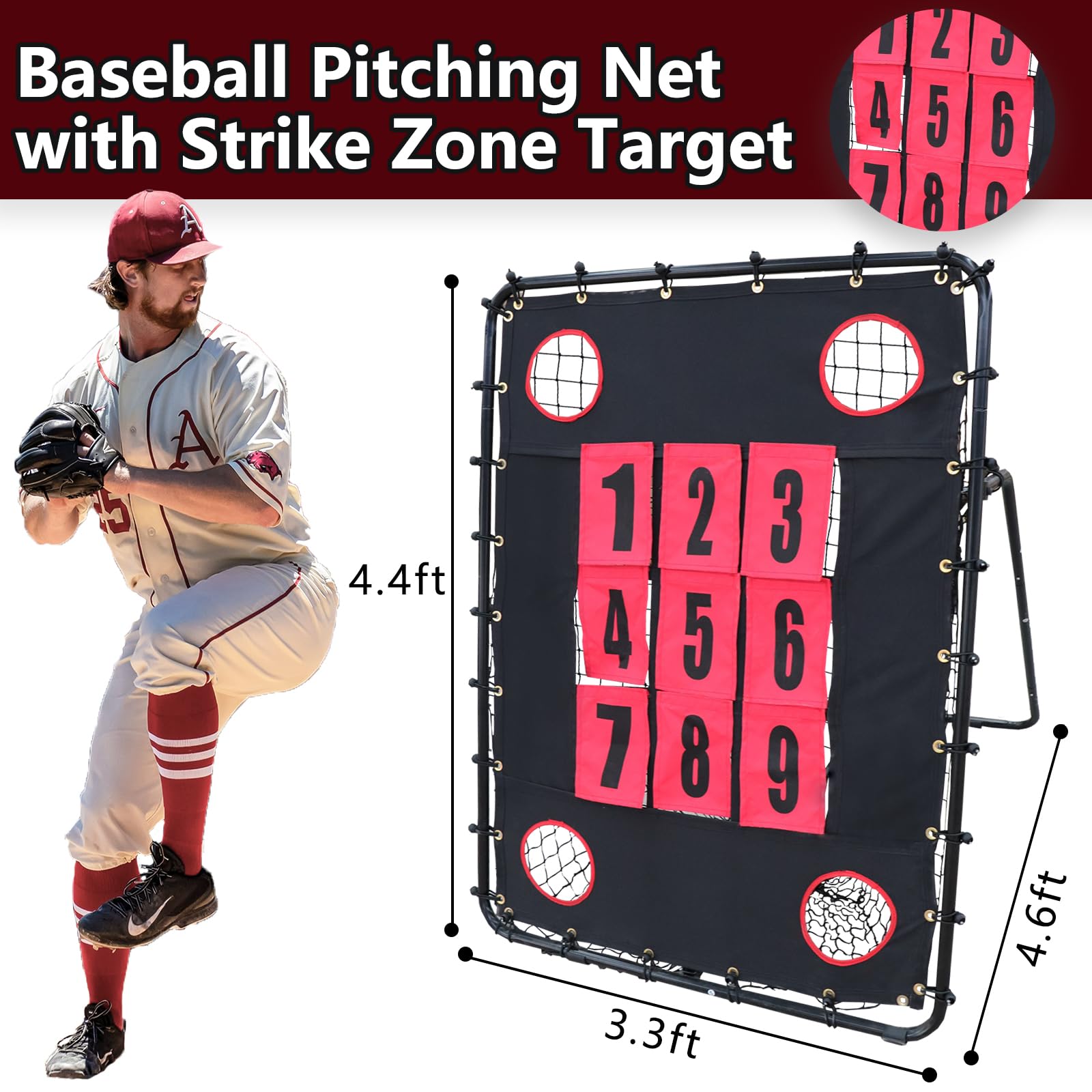 Baseball Pitching Net & Replacement Rebounder Net, with 9 Hole Strike Zone Target, 2 in 1 Baseball Training Equipment Nets for Batting, Adjustable Angles Softball Hitting Net for Backyard