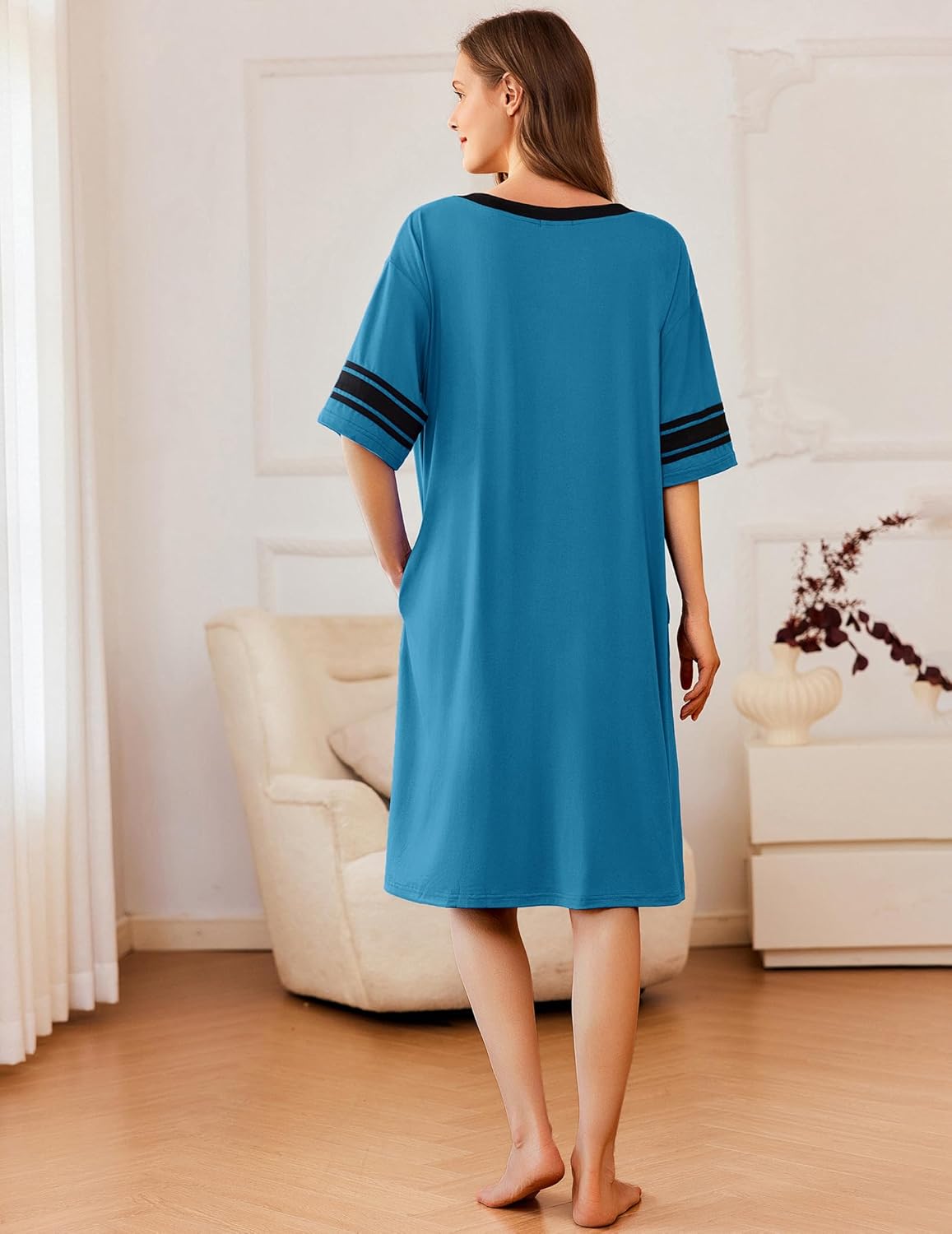 Ekouaer Women Zipper Robe Short Striped Sleeves Lightweight Robes Color Block Bathrobe Soft Sleepwear with Pockets S-3XL - Image 4