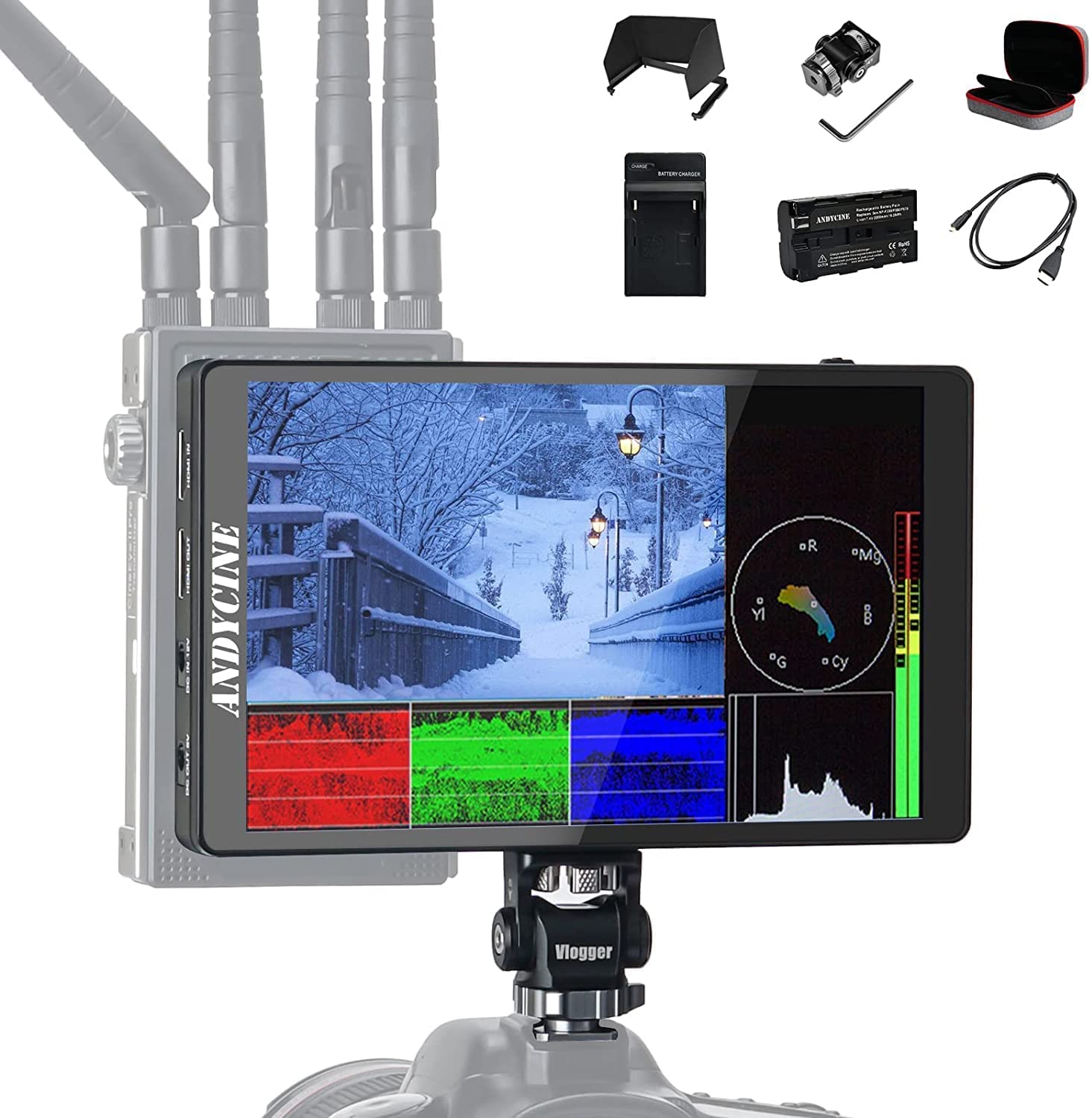 ANDYCINEC7 LITE Kit, 7 Inch Touch Screen DSLR Camera Field Monitor w 3D Lut Waveform VectorScope Histogram 4K 60Hz HDMI Input Output 1920X1200 IPS Panel with F970 External Power&Install Kit