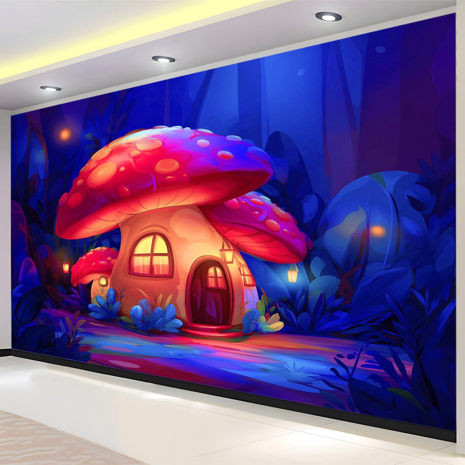Panoramiczny styl marzycielski tapeta mural 300 x 210 cm (szer. x wys.), plakat ścienny las kreskówka grzyb dom fototapeta mural efekt 3D, plakat dekoracja do sypialni salonu korytarza