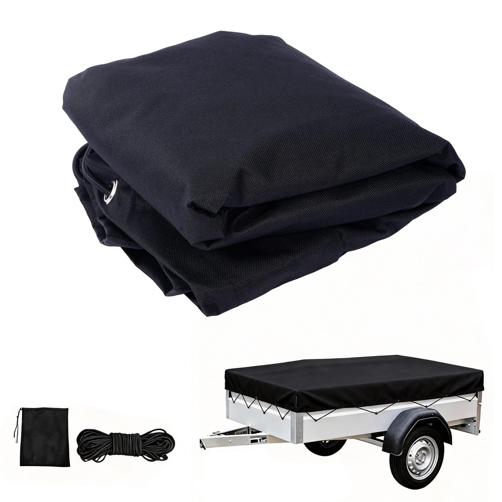 Bâche de remorque de qualité supérieure - 207,5 x 114 cm (bord 10 cm) - Tissu Oxford 600D noir - Extra indéchirable et imperméable - Bâche plate avec corde d'extension et coins renforcés - Bâche