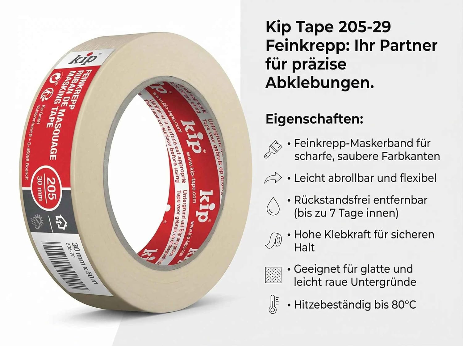 kip Taśma klejąca 205-98 taśma malarska – profesjonalna taśma maskująca do malowania i lakierowania – 3 rolki po 30 mm x 50 m
