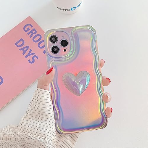 Miniatura 5 de Changjia Funda para iPhone 14 Pro Max para mujer, bonita funda holográfica 3D con diseño de corazón y corazón, brillante, marco de onda de luz a