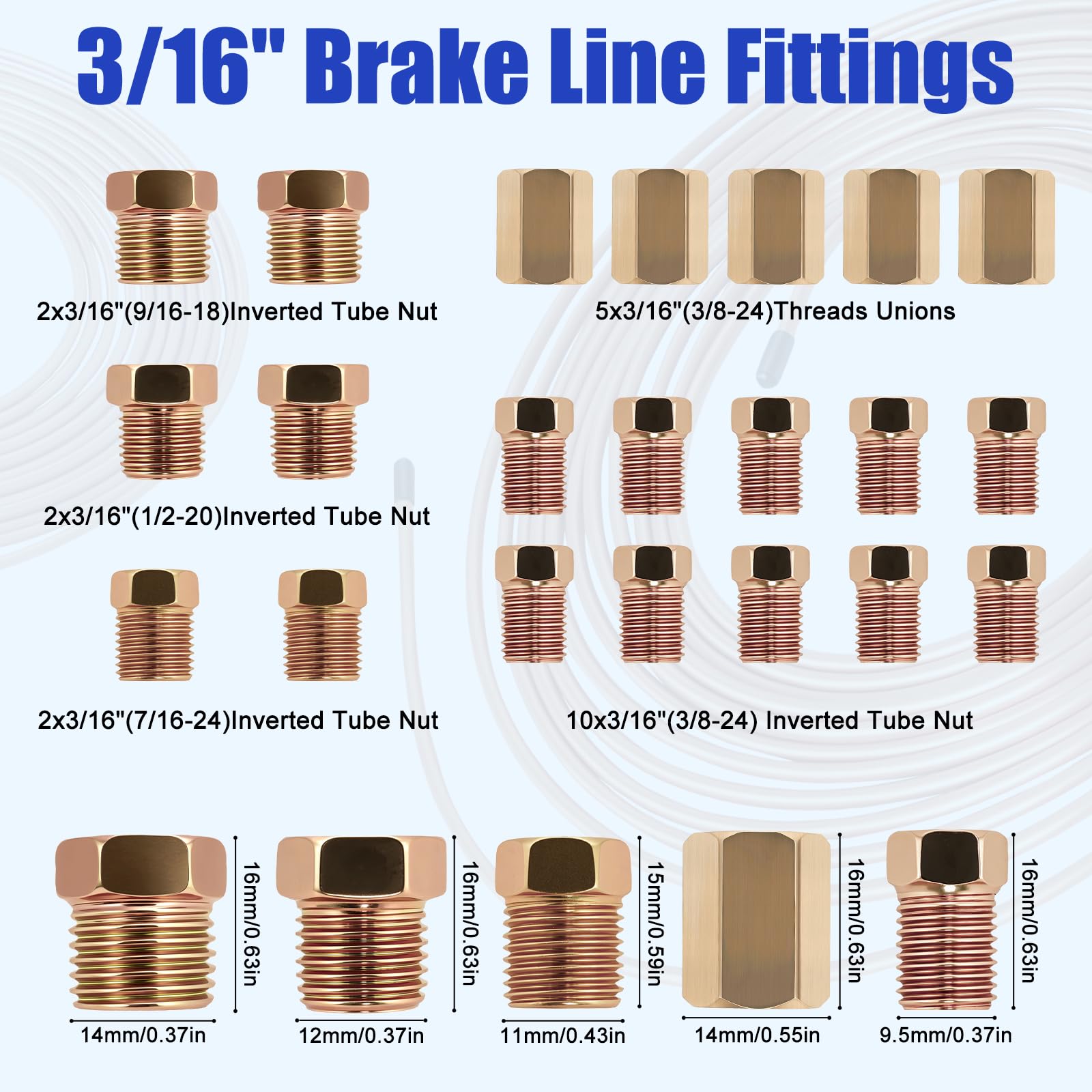Poweka Kit de Herramienta Abocardar Tubos Freno DIN, 4,75 mm (3/16") Universal Herramienta para Bordes de Tubos de Freno, 7,62 m Cable de Freno con 16 Racores y 5 Conectores