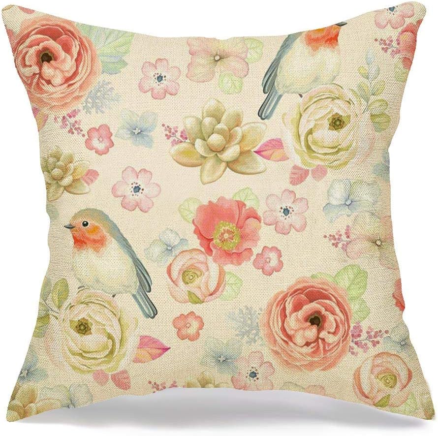 Pillow Cover Robin Hydrangea Pattern Ranunculus Branch Orange Succulents Vintage Meadow Design Leaf Yellow Twig Soft Decorative Linen Square Throw Pillow for Couch Sofa Cushion Cover 16x16 inch
