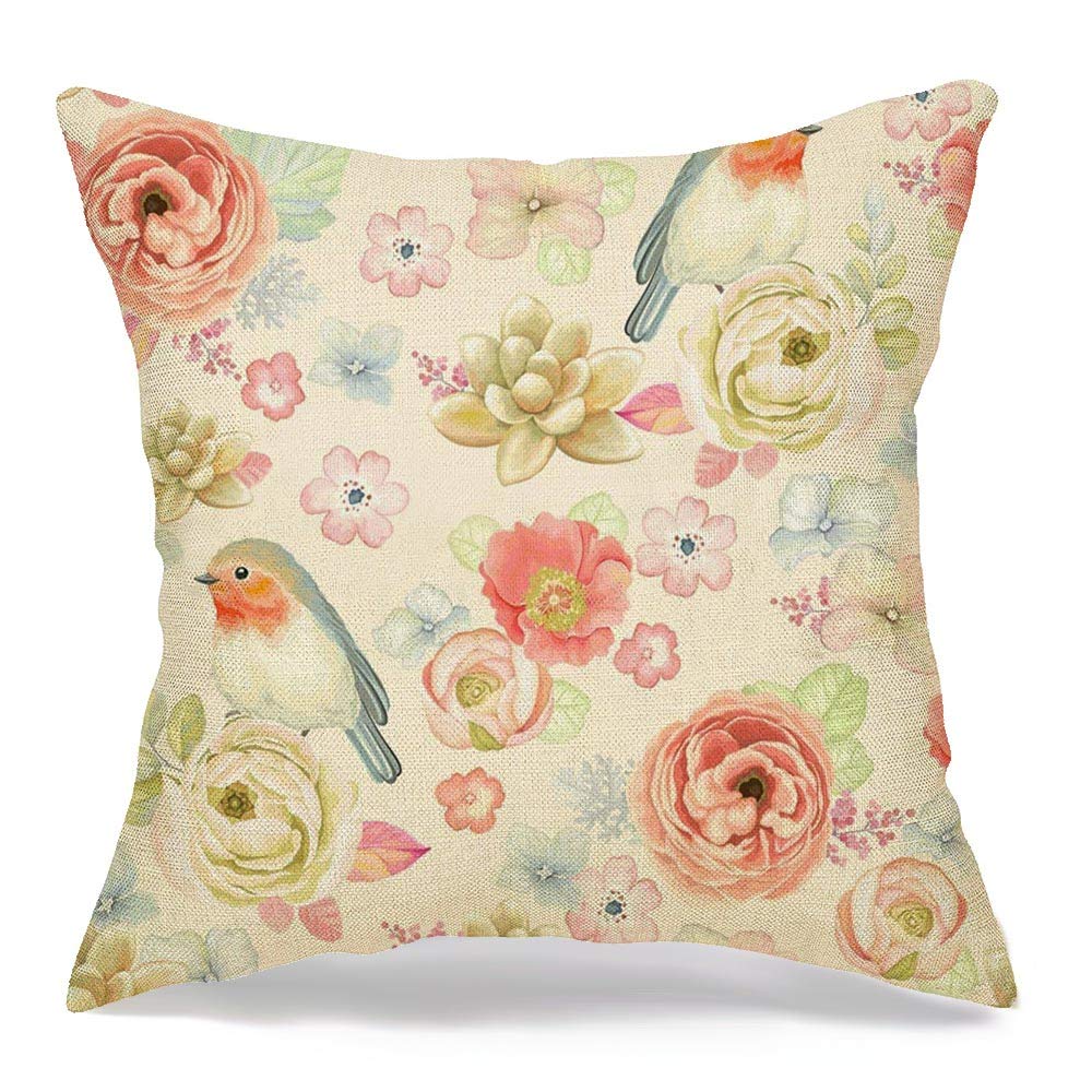 Pillow Cover Robin Hydrangea Pattern Ranunculus Branch Orange Succulents Vintage Meadow Design Leaf Yellow Twig Soft Decorative Linen Square Throw Pillow for Couch Sofa Cushion Cover 16x16 inch