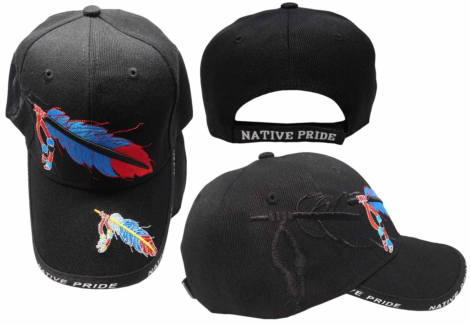 Trade Winds Native American Feather Beads Native Pride Indian Black with Black Shadow 100% Acrylic Adjustable Embroidered Cap Hat, Multi, 7 3/4