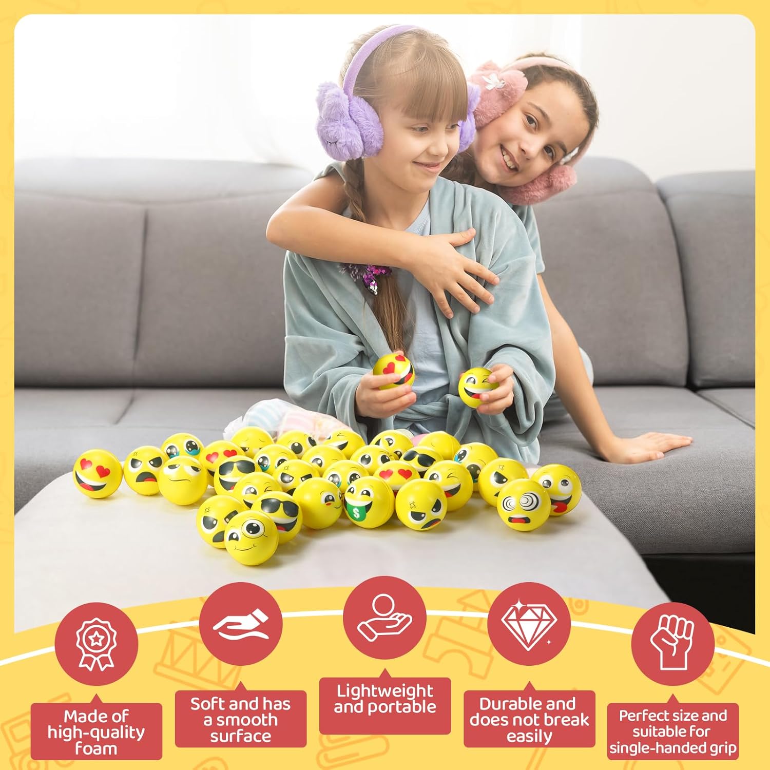 Libima 120pcs Mini Face Stress Balls Bulk 2 Inch Foam Face Squeeze Balls Small Funny Anxiety Relief Toy for Kid Adult School Gift Class Prizes Party Decoration Supplies (Yellow)