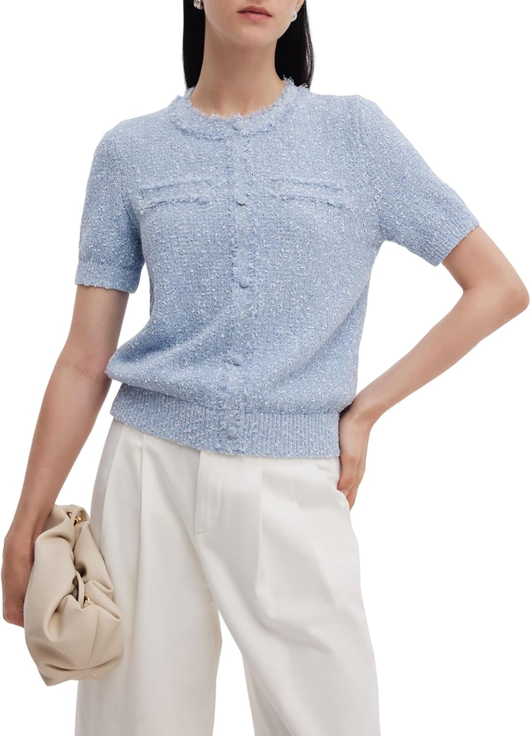 Women's Summer Cropped Cardigan Short Sleeve Knit Top Frayed Edge Cotton Light Blue Button Up Open Front T Shirts