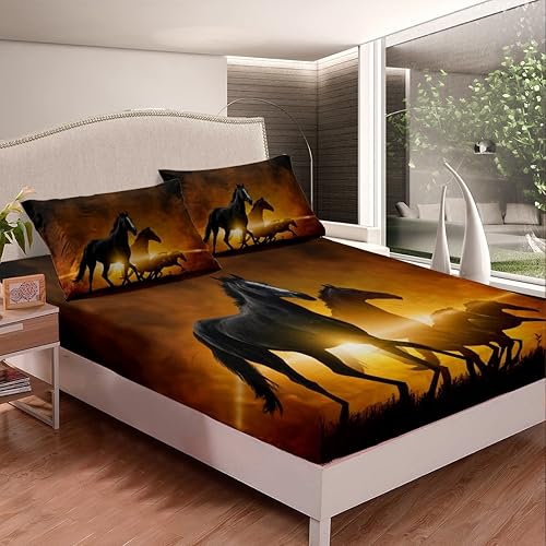 Miniatura 2 de Juego de ropa de cama de caballo negro, tamaño individual, sábana bajera ajustable de animales del oeste para niños, adultos, niños y hombres, juego