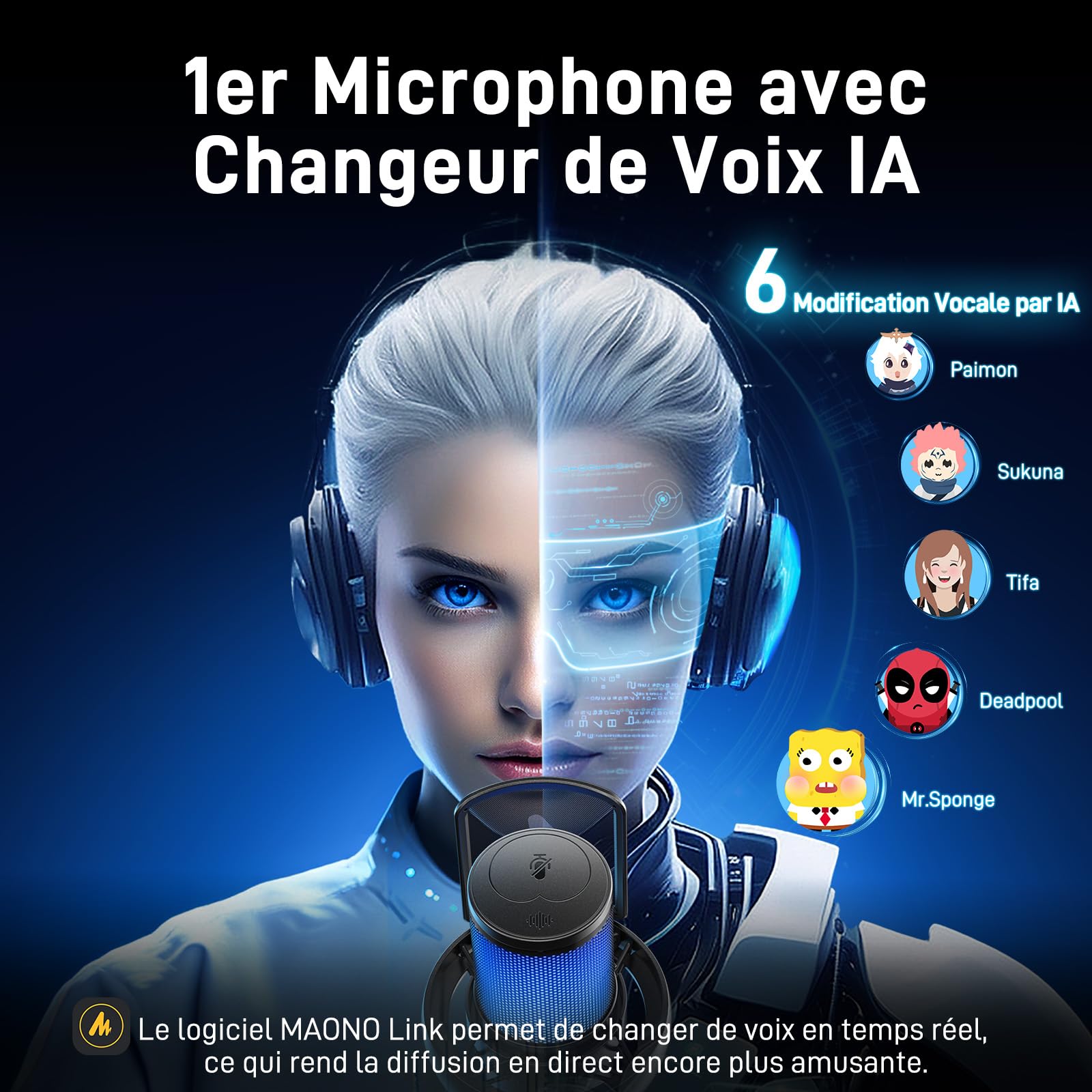 MAONO Micro Gaming sans Fil pour PC, Microphone USB avec Changeur de Voix IA, Suppression du Bruit, EQ Personnalisé, éclairage RVB Réglable pour Jeux, Podcasts, Streaming, DM40 Noir