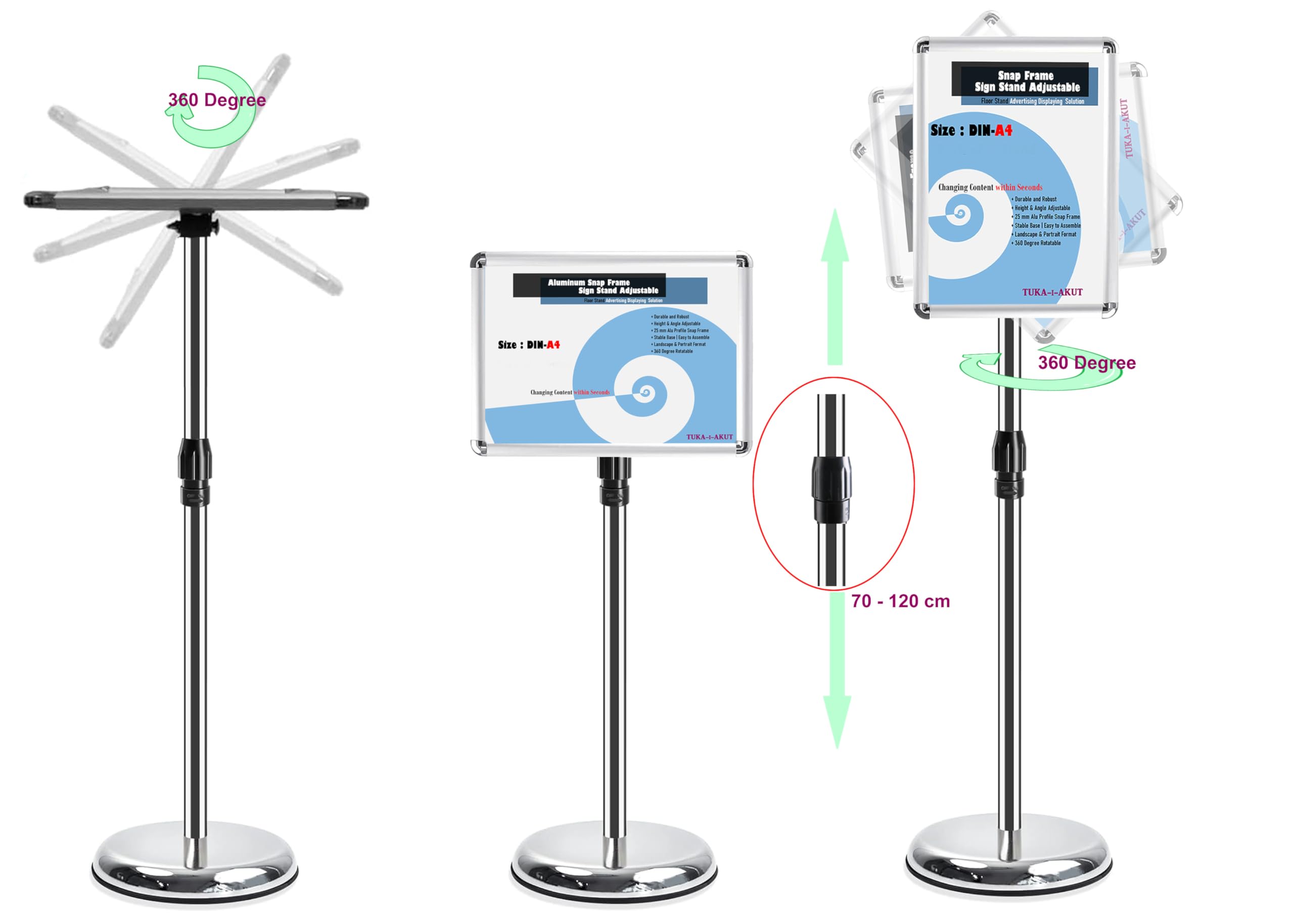 TUKA-i-AKUT 2X A4 Espositore Informativo da Pavimento, Regolabile in Altezza, Supporto per Pubblicitario Presentazioni Poster Cartelli Annunci, Portaposter Cornice Pieghevole, Argento TKD8423-2X