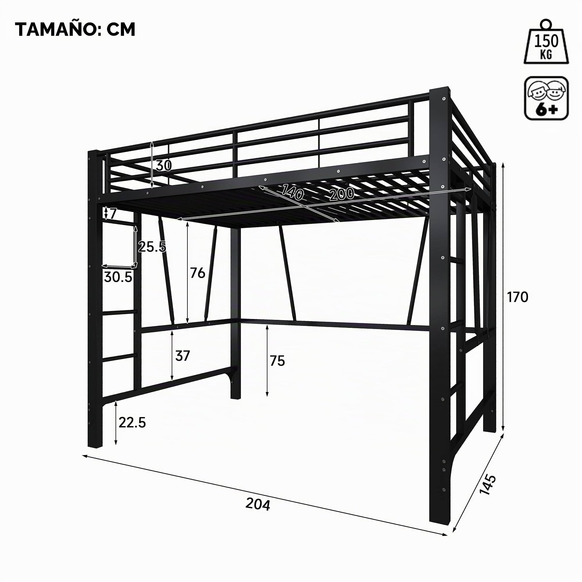 Lcoho Cama alta de 140 x 200 cm, estructura de metal, escalera doble, diseño abierto debajo de la cama, sin colchón, color negro.