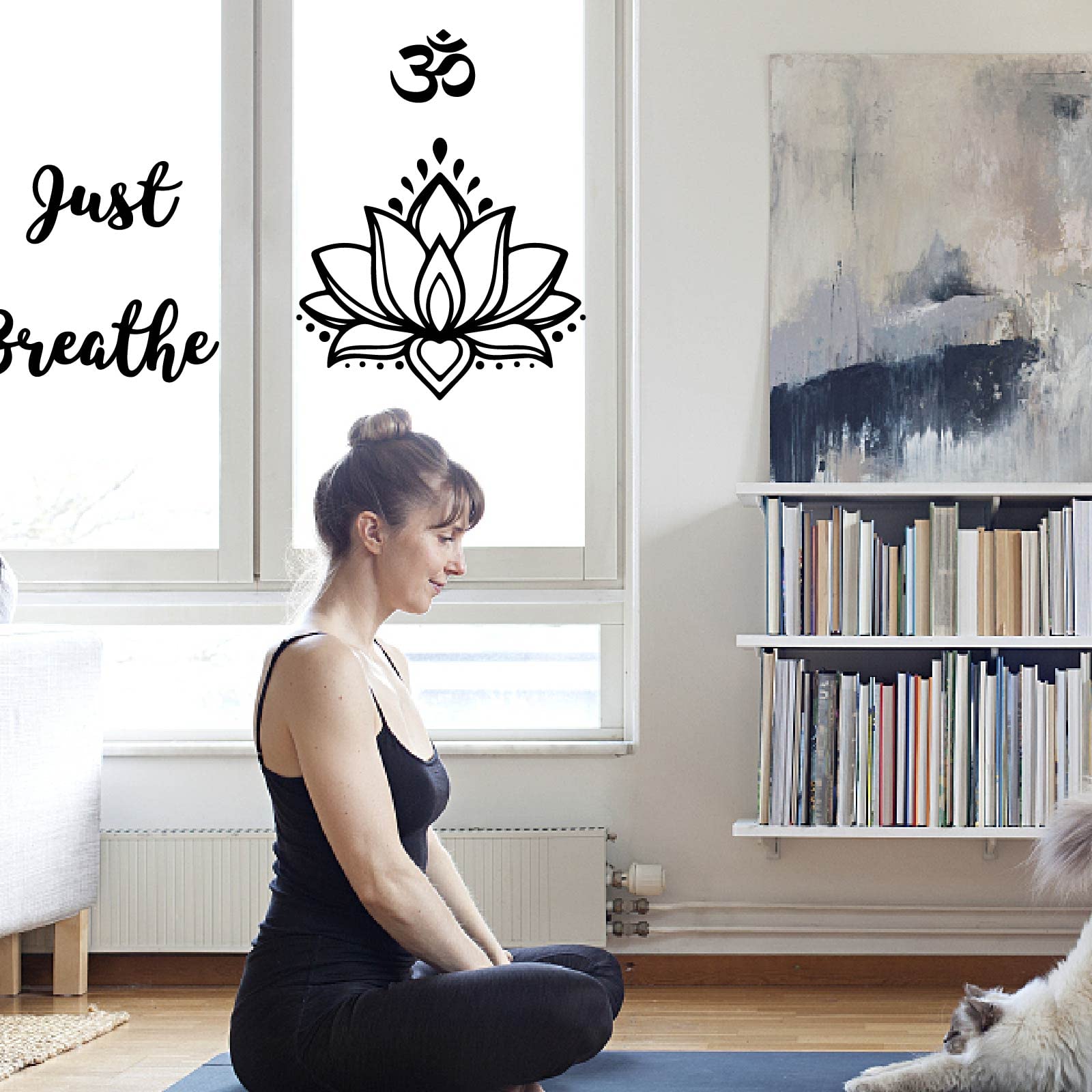 PLIGREAT 4 Pezzi Adesivi Murali Fai Da Te In Vinile, Nero, Mandala Loto E Movimento Yoga, Rimovibili Per Camera Da Letto E Soggiorno