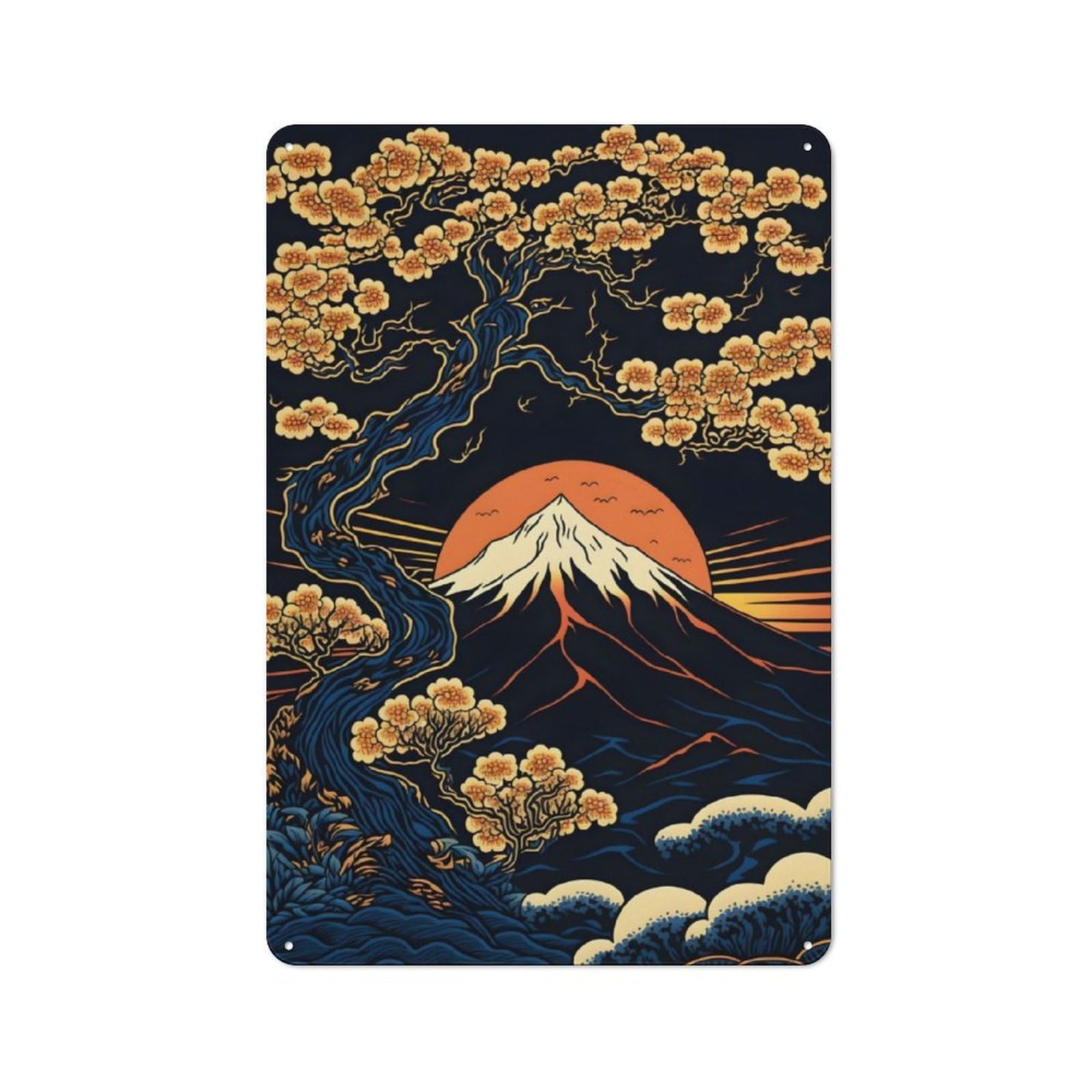 Junmoney Fuji Cherry Blossom Art For Lounge Or Reading Corner, Rustic Tin Sign 30X20cm, For An Autumn Update To Lounge And Reading Corner