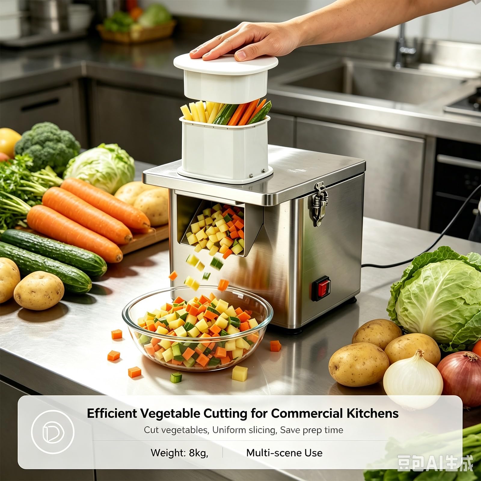 Elektrischer Gemüsezerkleinerer, 200 W, mit Schneiden, Raspeln und Würfeln. | Küchenmaschine, schneidet Zwiebeln, Kartoffeln, Karotten, bereitet Salate zu, ideal for private und gewerbliche Küchen.
