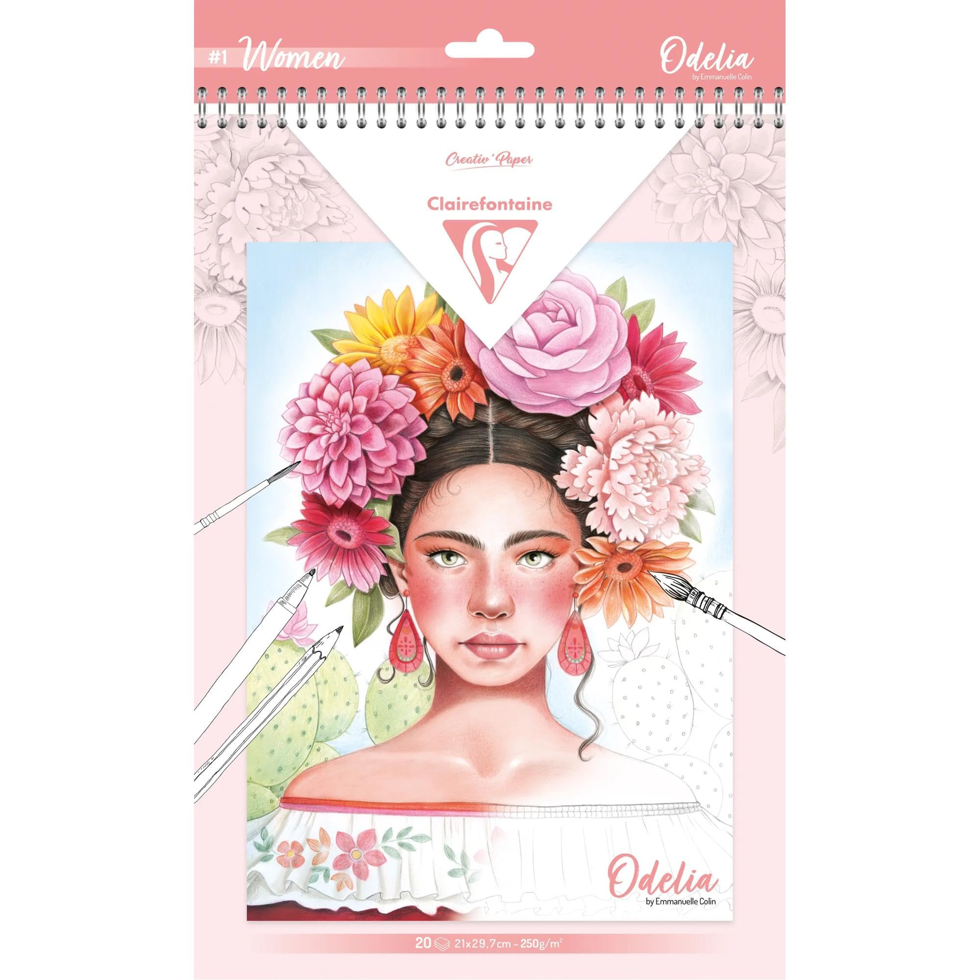 Clairefontaine 95741C Colouring Pad Adult Creativity Relaxation Decor Multitechniques Pencils Felt Pens Watercolour Paint 20 Sheets A4 250G Odelia Women's Theme