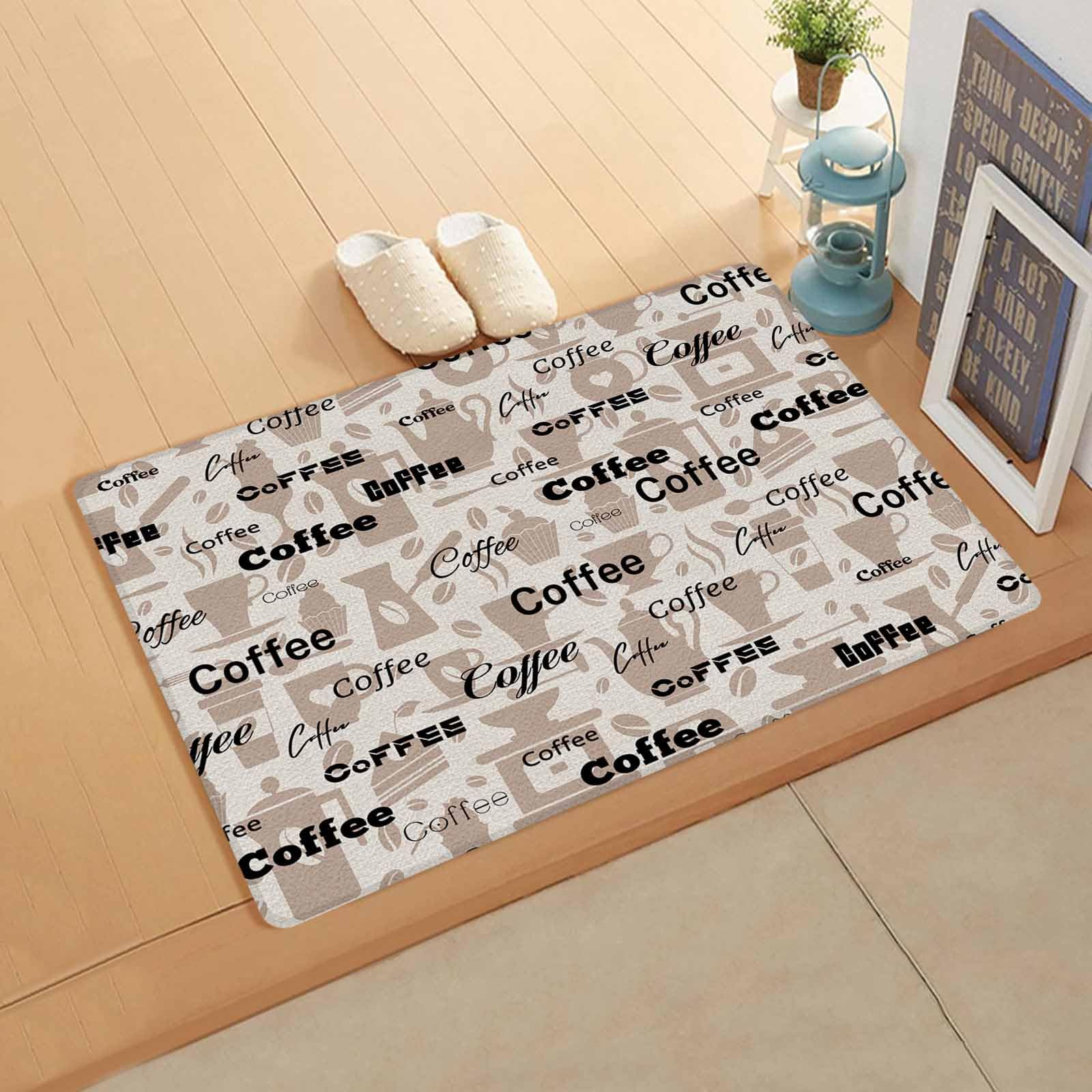 Coffee Brown Antifatigue Kitchen Bath Door Mat Cushioned Runner Rug,Washable Welcome Floor Sink Mat,Waterproof & Non-Slip Standing Doormat for Kitchen,Vintage Abstract Coffee Words Cups 20