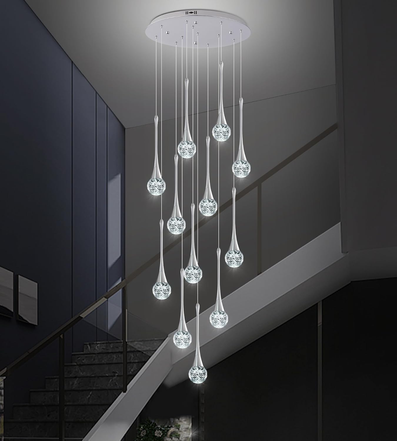 Modern Crystal Staircase Chandelier for High Ceilings, Glam LED Dimmable Pendant Light Living Room Entryway Foyer Chandelier Lighting Fixture Chrome 12-Lights
