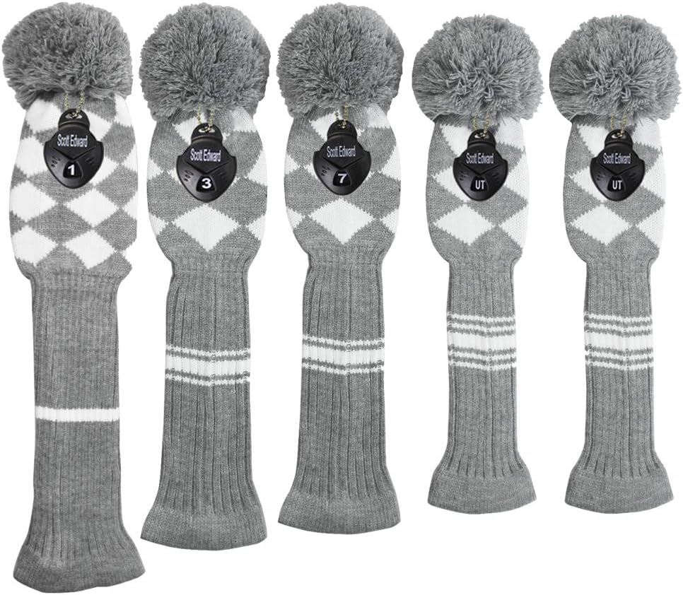 Scott Edward Knit Golf Club Cover with a Pom Set of 5 Head Covers Protect Driver Wood(460cc) 1 Fairway Wood2 and Hybrid/UT2 with Rotating Club Number Tags