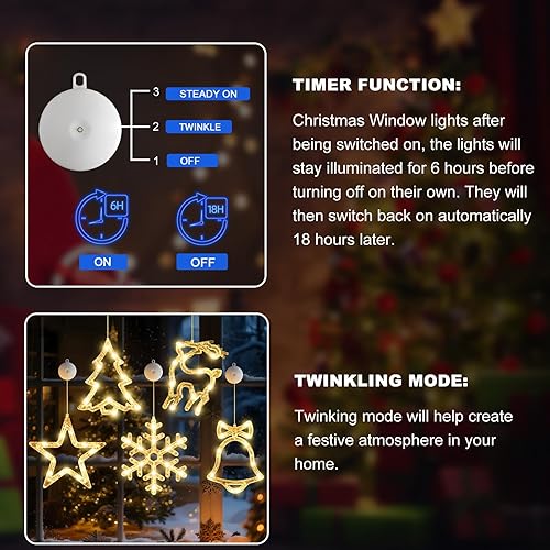 Miniatura 2 de 5 luces de Navidad para ventana con temporizador, funciona con pilas, luz blanca cálida con copos de nieve, campanas de árbol con forma de estrella