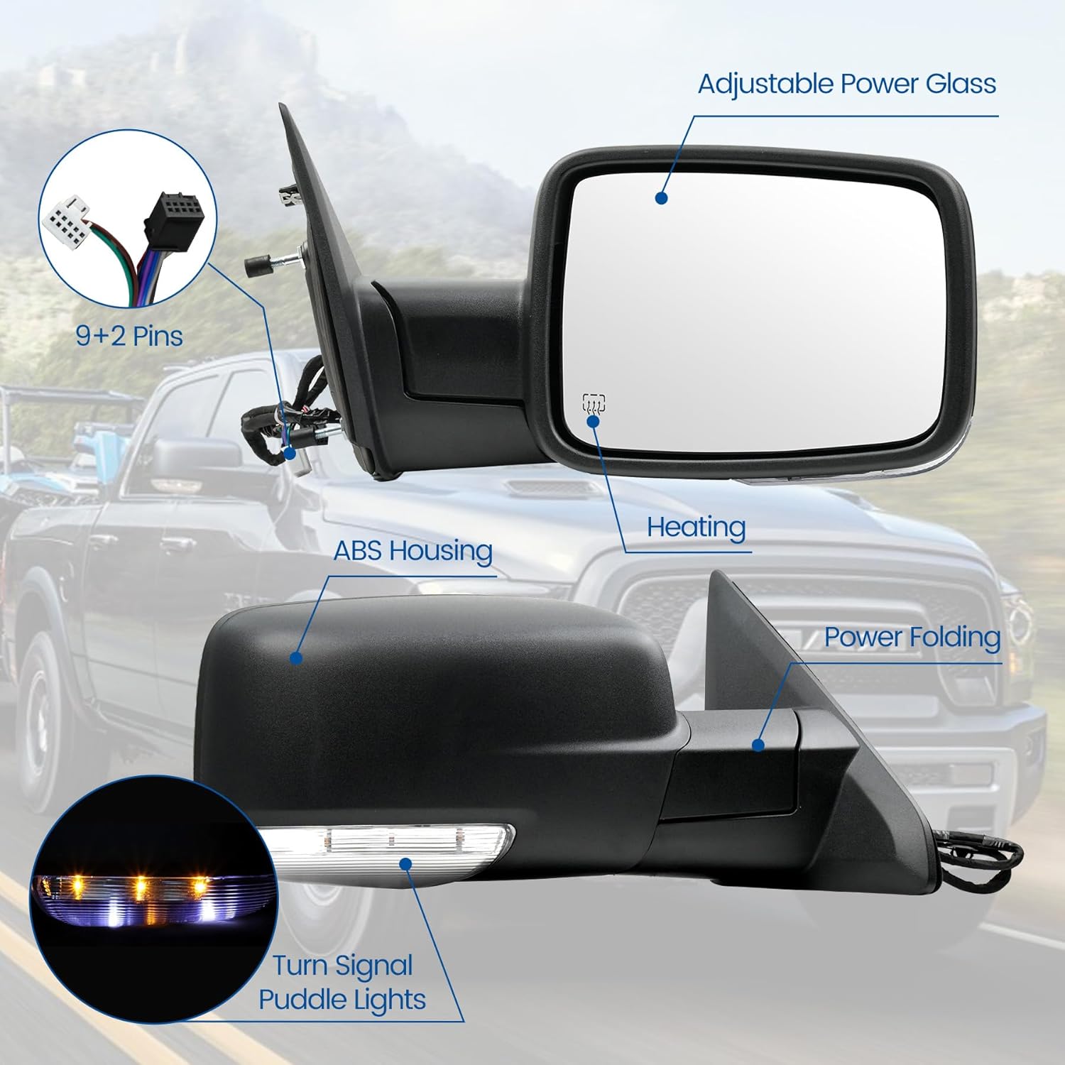 Passenger Right Side Door Mirror for 2010-2018 Ram 1500 2500 3500, with POWER FOLDING Heated Power Glass Turn Signal Puddle Lights Black, Replace#68096196AF (9+2 Pins)