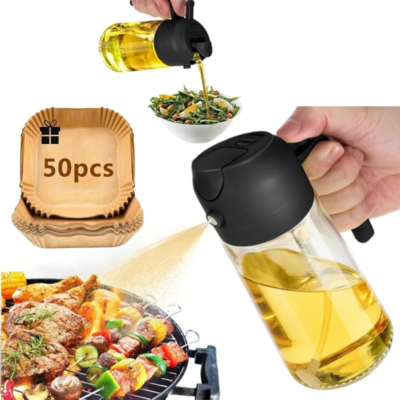 Pulverizador Aceite Spray 2 en 1 Aceitera Spray Pulverizador de Vidrio 470ml Spray Aceite Air Fryer + 50 Moldes de Papel Añadido Recipiente Antigoteo Imprescindible Para Cocina Ensaladas y Barbacoa.