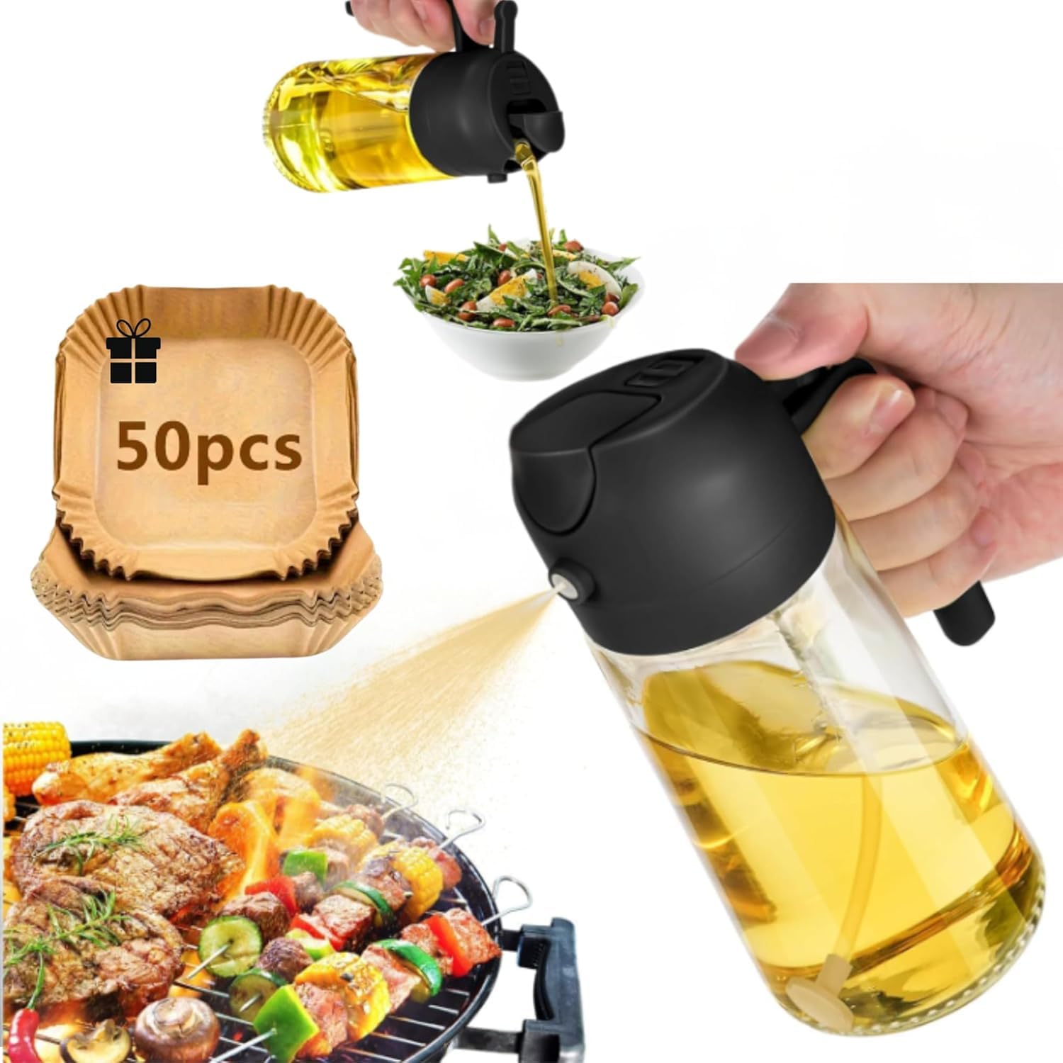 Pulverizador Aceite Spray 2 en 1 Aceitera Spray Pulverizador de Vidrio 470ml Spray Aceite Air Fryer + 50 Moldes de Papel Añadido Recipiente Antigoteo Imprescindible Para Cocina Ensaladas y Barbacoa.